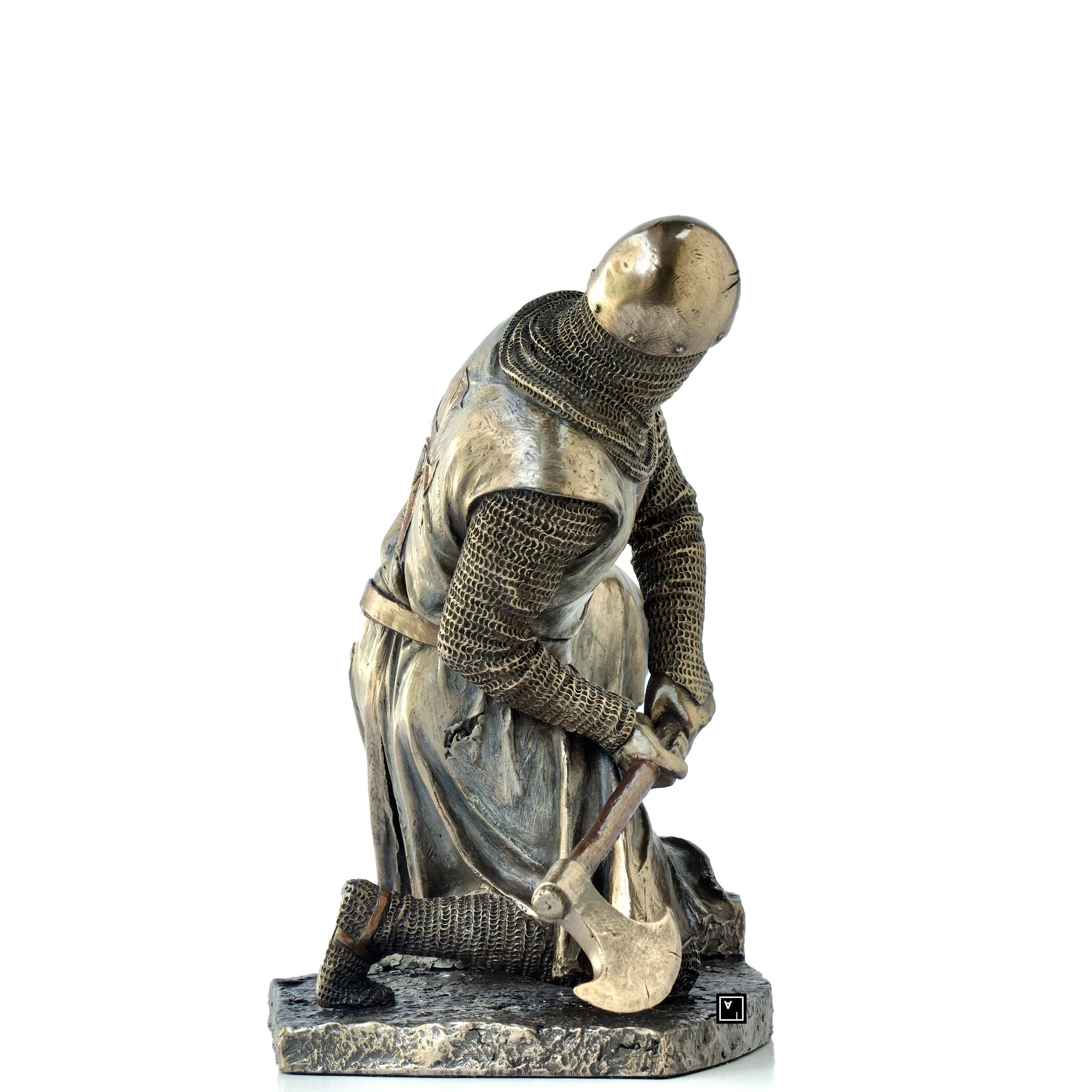 Half kneeling Knights Templar Wielding Battle Axe Statue