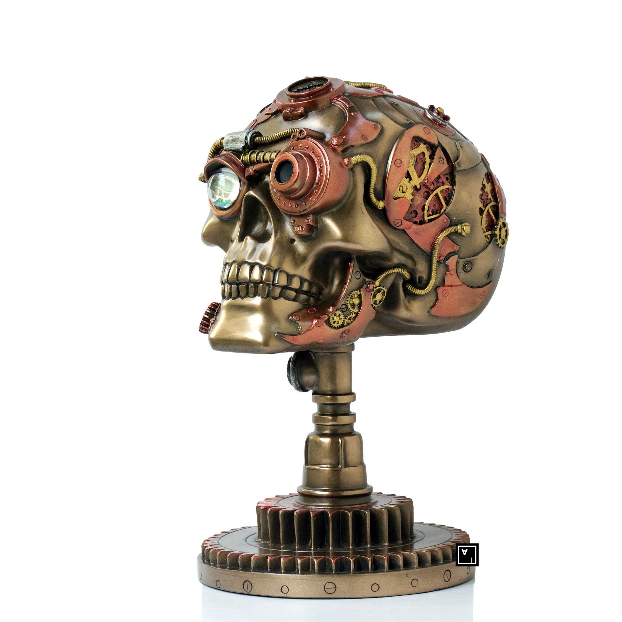 9 Inch Steampunk Skull on a cogwheel stand