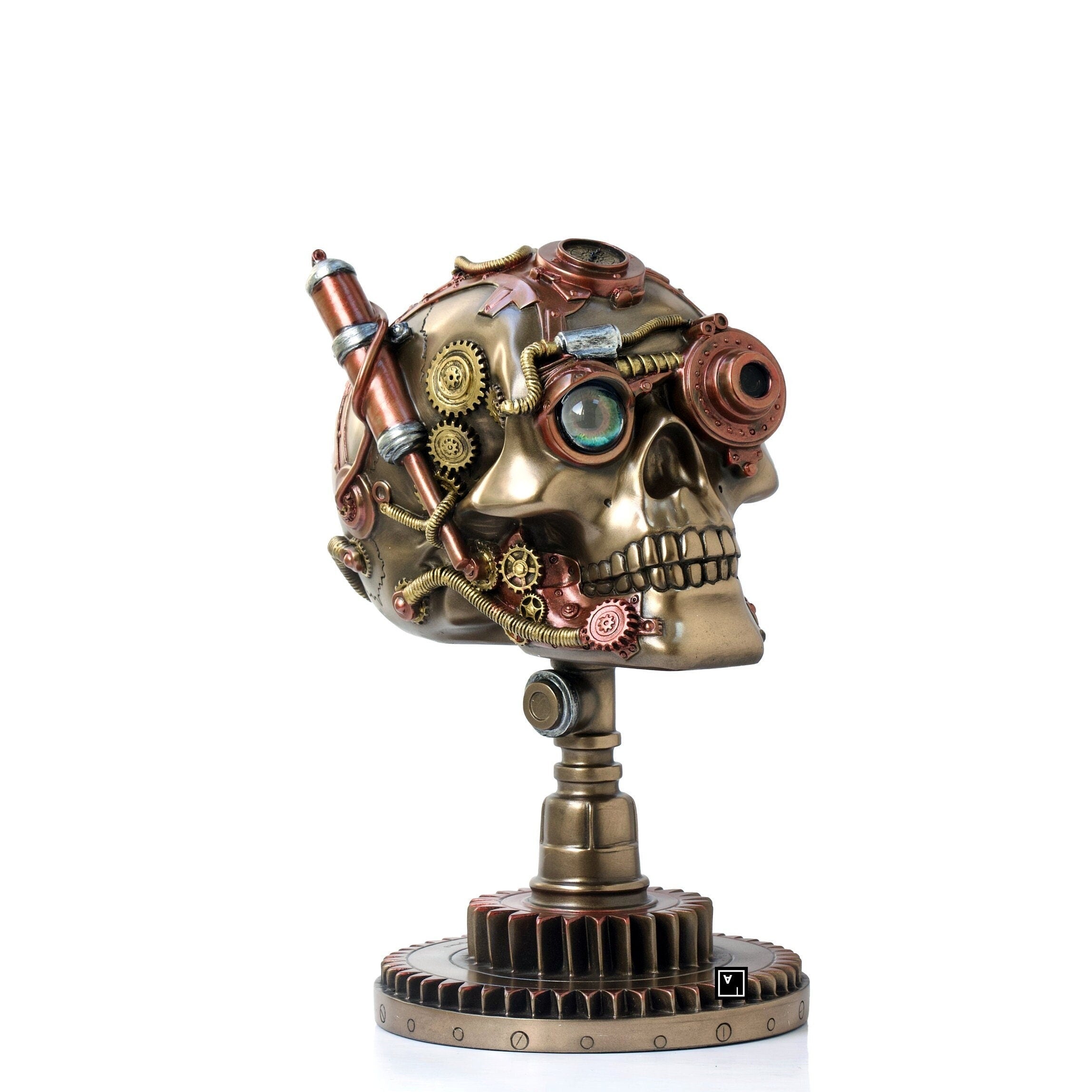 9 Inch Steampunk Skull on a cogwheel stand