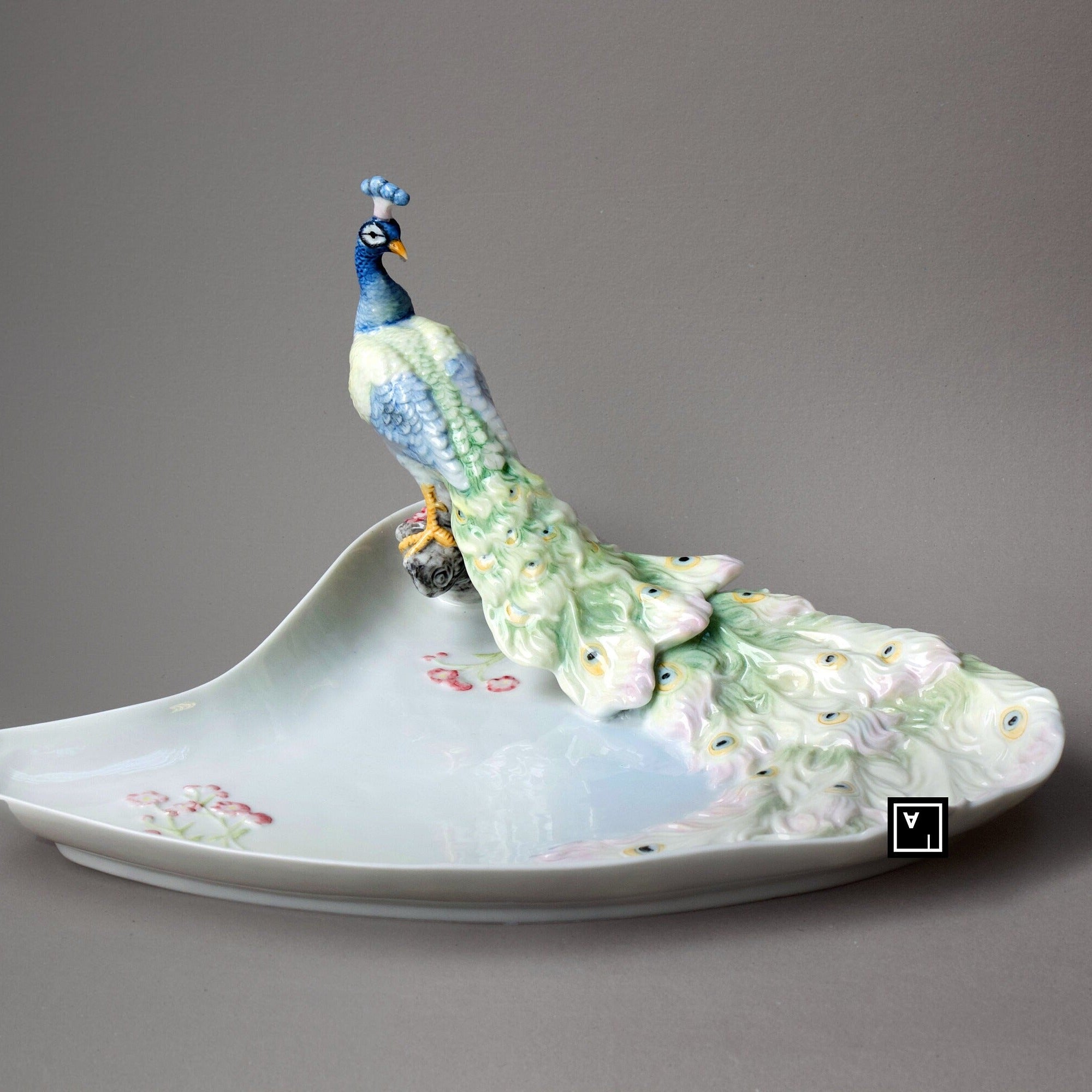 Art Nouveau Porcelain Peacock Tray: Handmade Freesia Decor