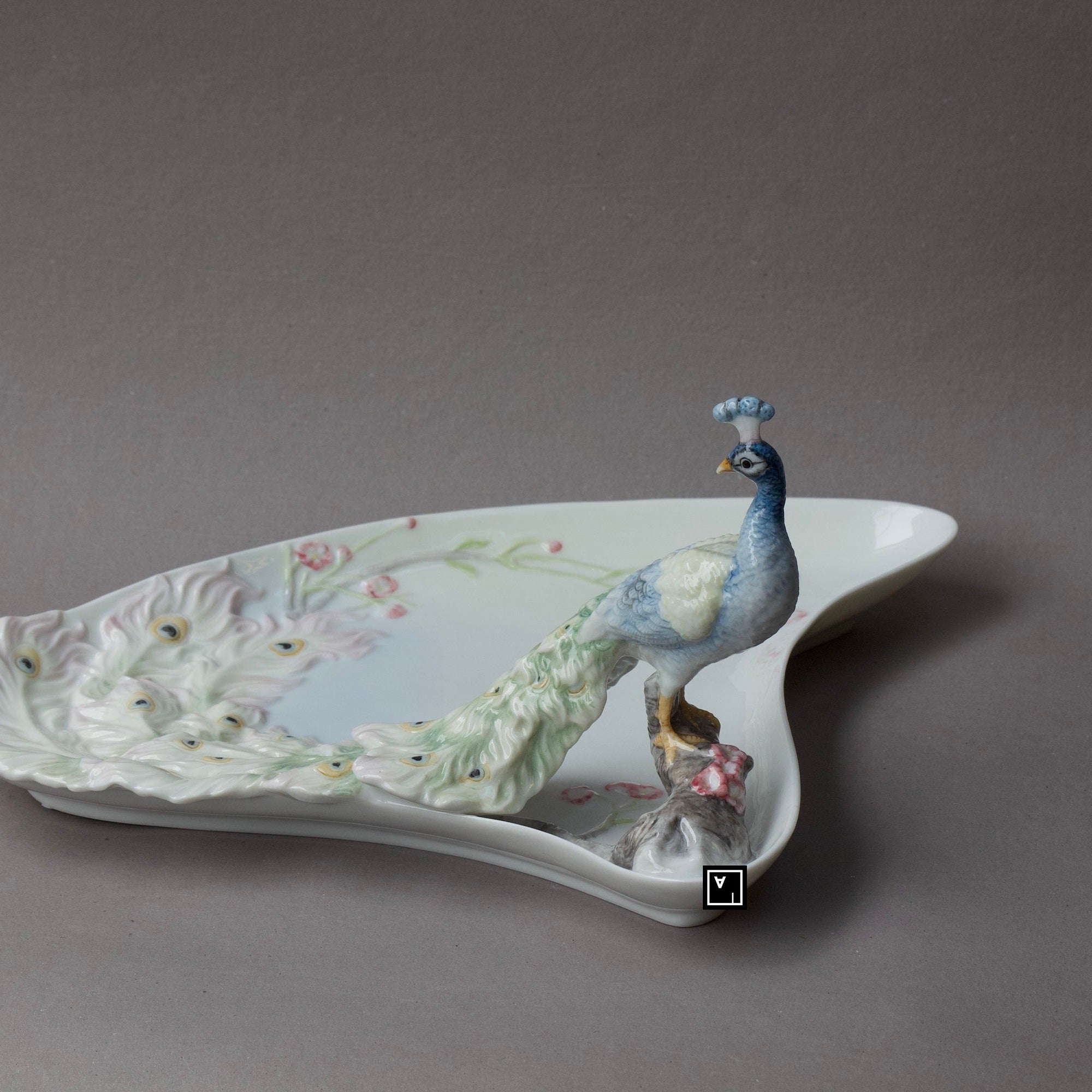 Art Nouveau Porcelain Peacock Tray: Handmade Freesia Decor