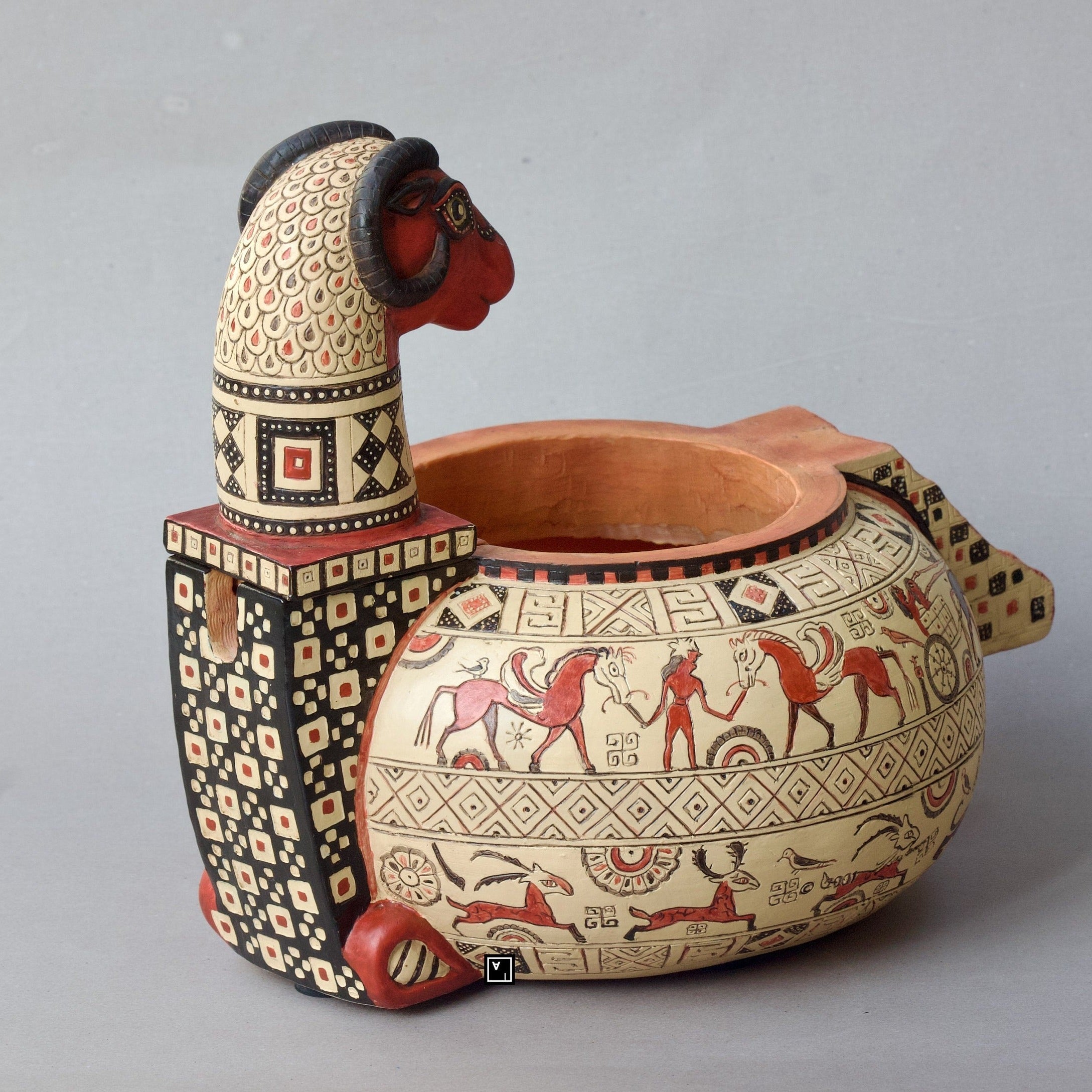 Ancient Greek Wild Goat Style Clay Vase with Water Pump