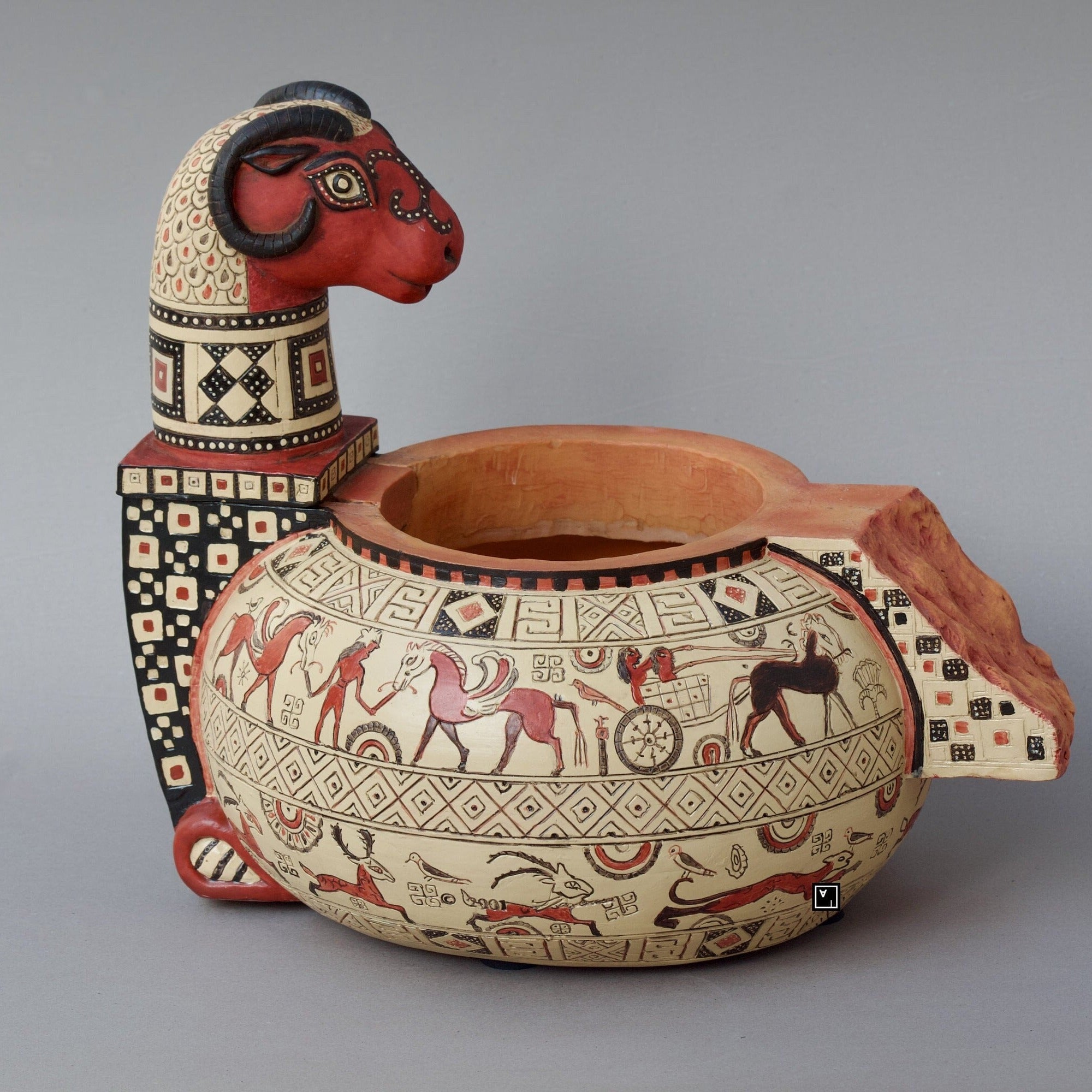 Ancient Greek Wild Goat Style Clay Vase with Water Pump