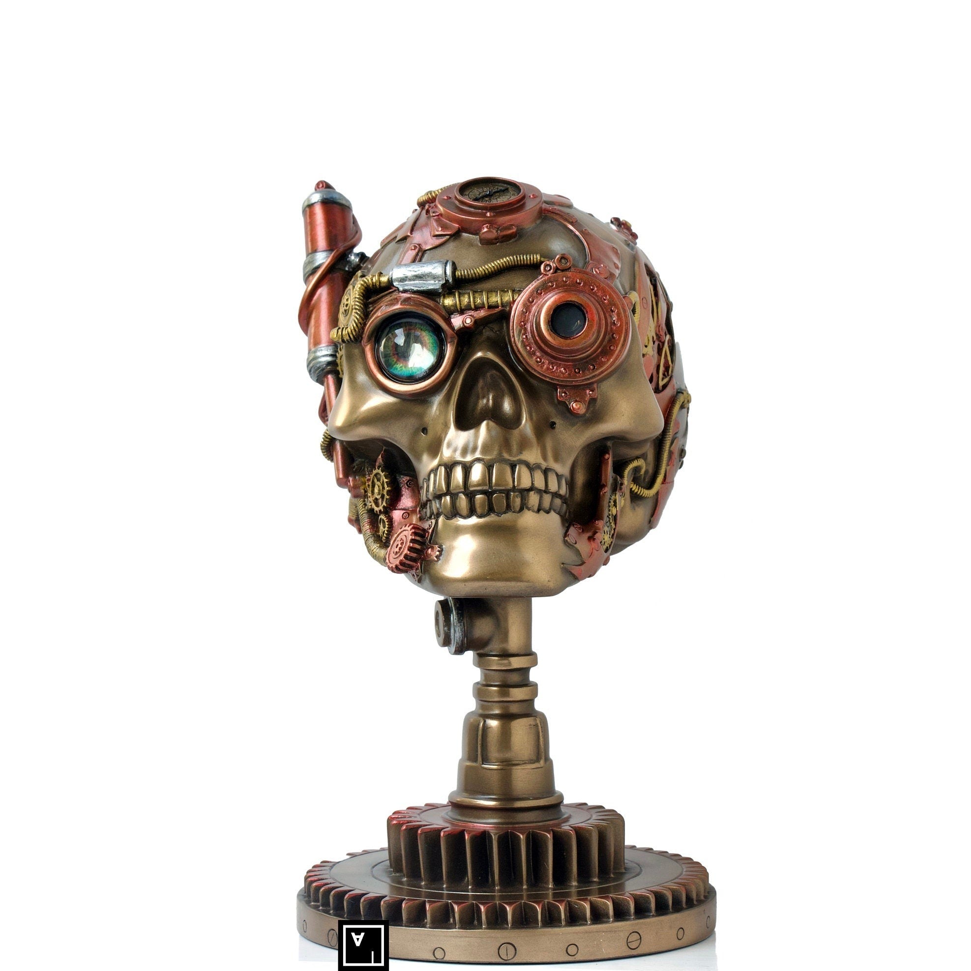 9 Inch Steampunk Skull on a cogwheel stand