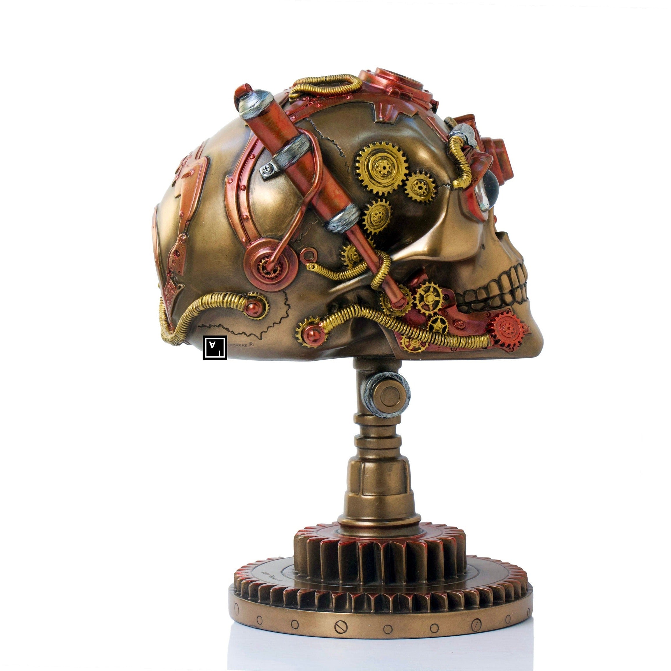 9 Inch Steampunk Skull on a cogwheel stand