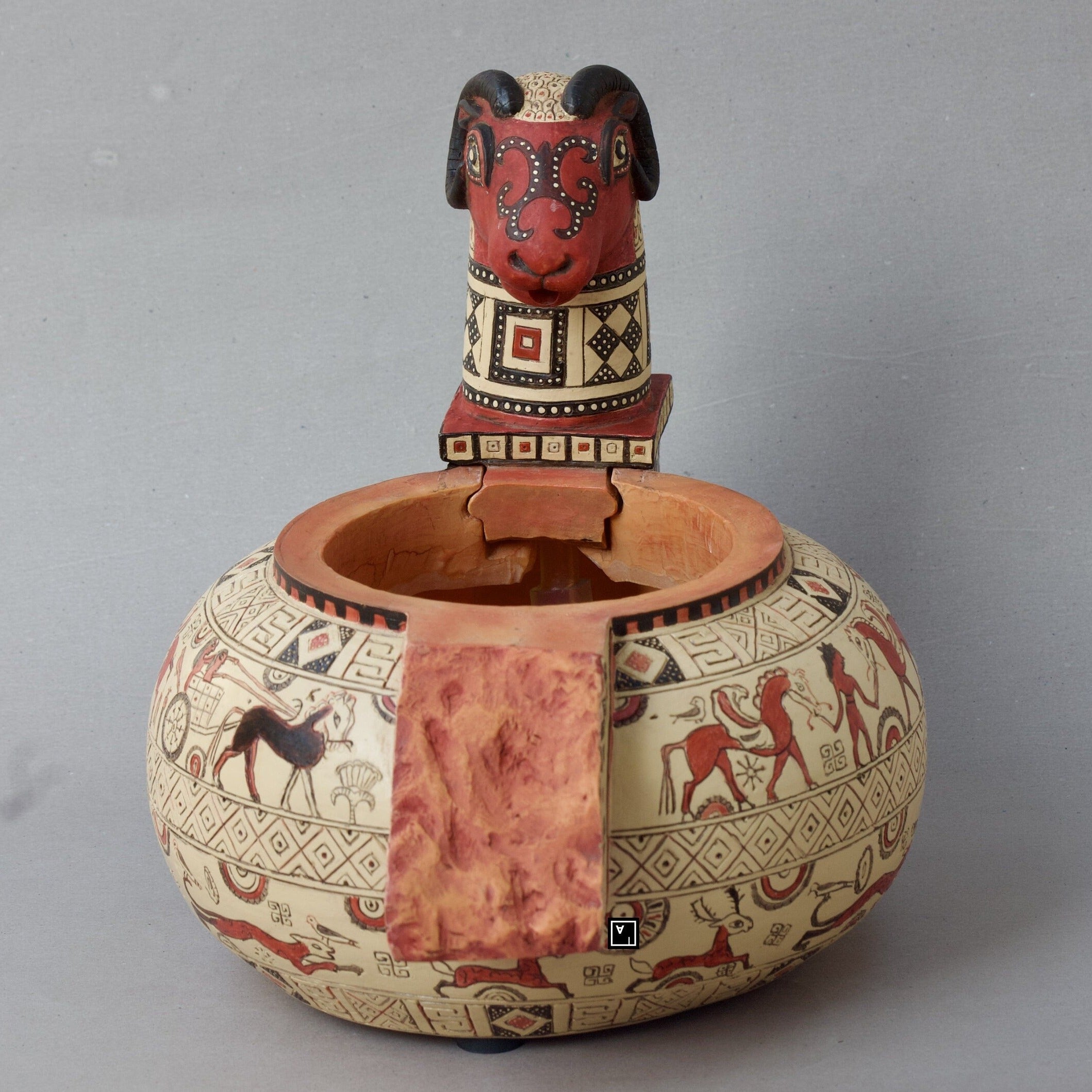 Ancient Greek Wild Goat Style Clay Vase with Water Pump