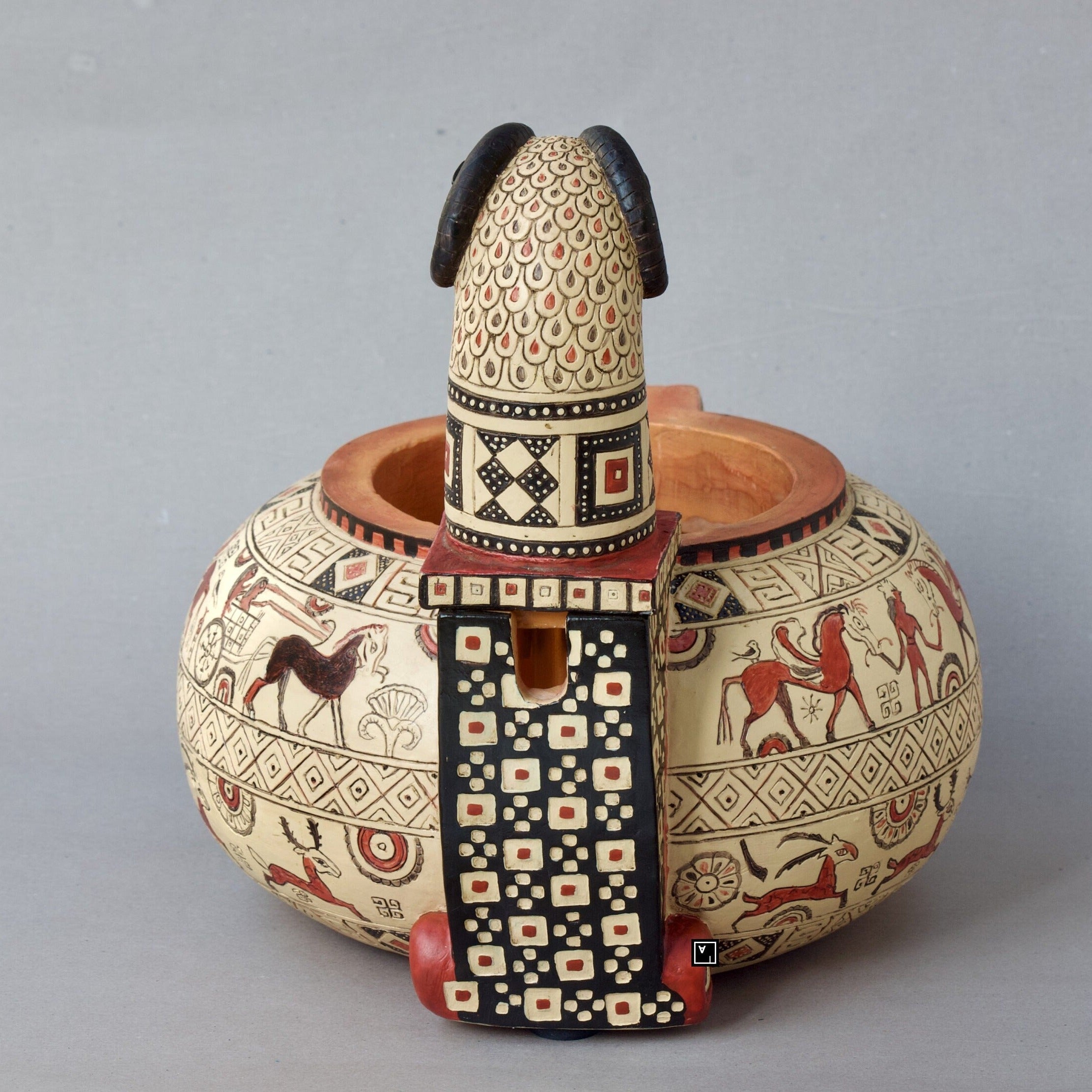 Ancient Greek Wild Goat Style Clay Vase with Water Pump