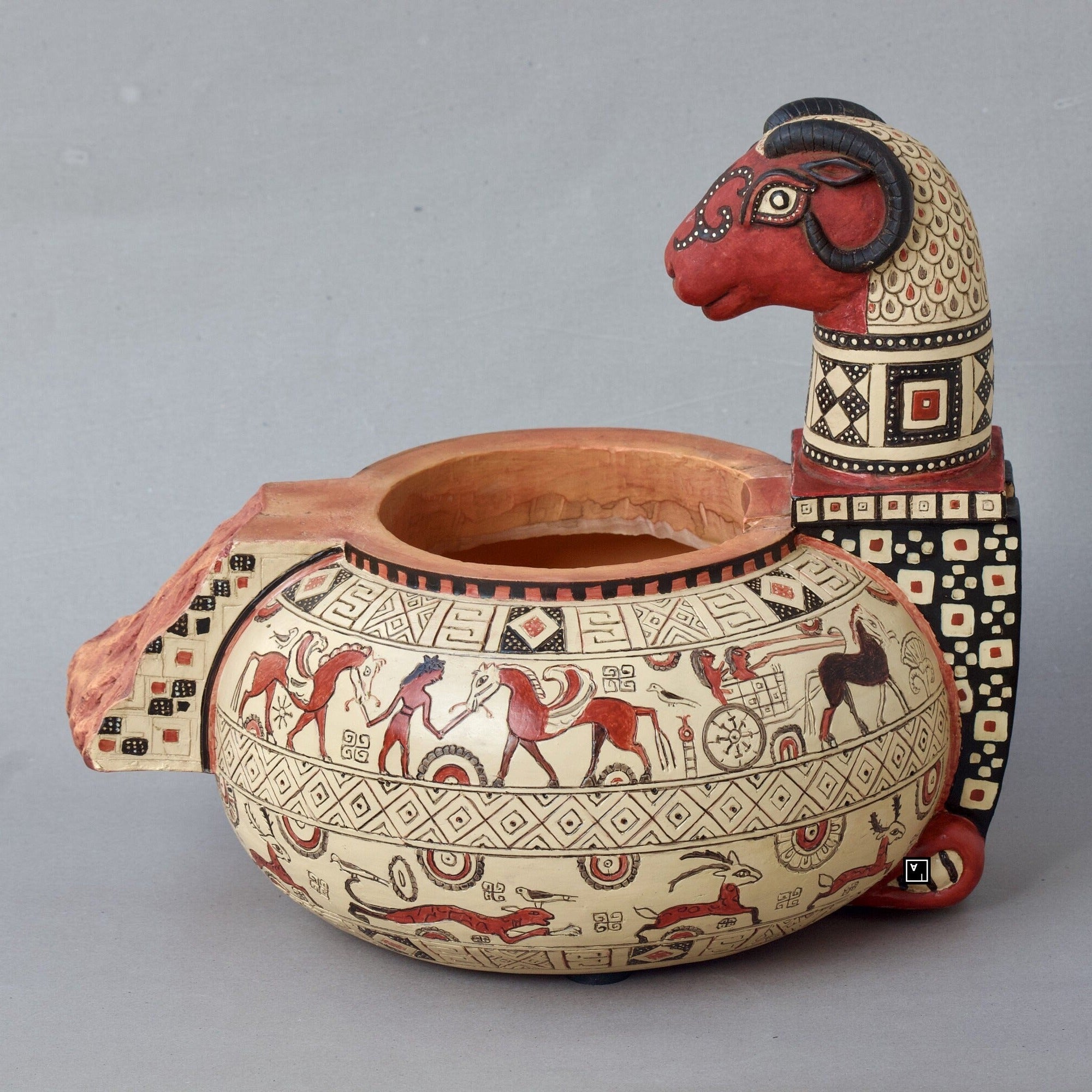 Ancient Greek Wild Goat Style Clay Vase with Water Pump