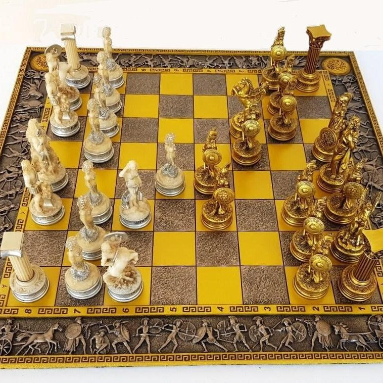 Mythological Chess Set: Ancient Greek Sculpture Design, Large Chessboard
