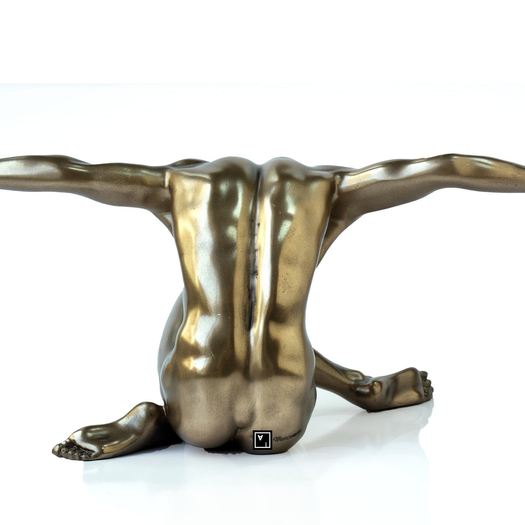 Male Nude Arms Outstretched Sculpture, Arm Stretching Man Bronzed Statue