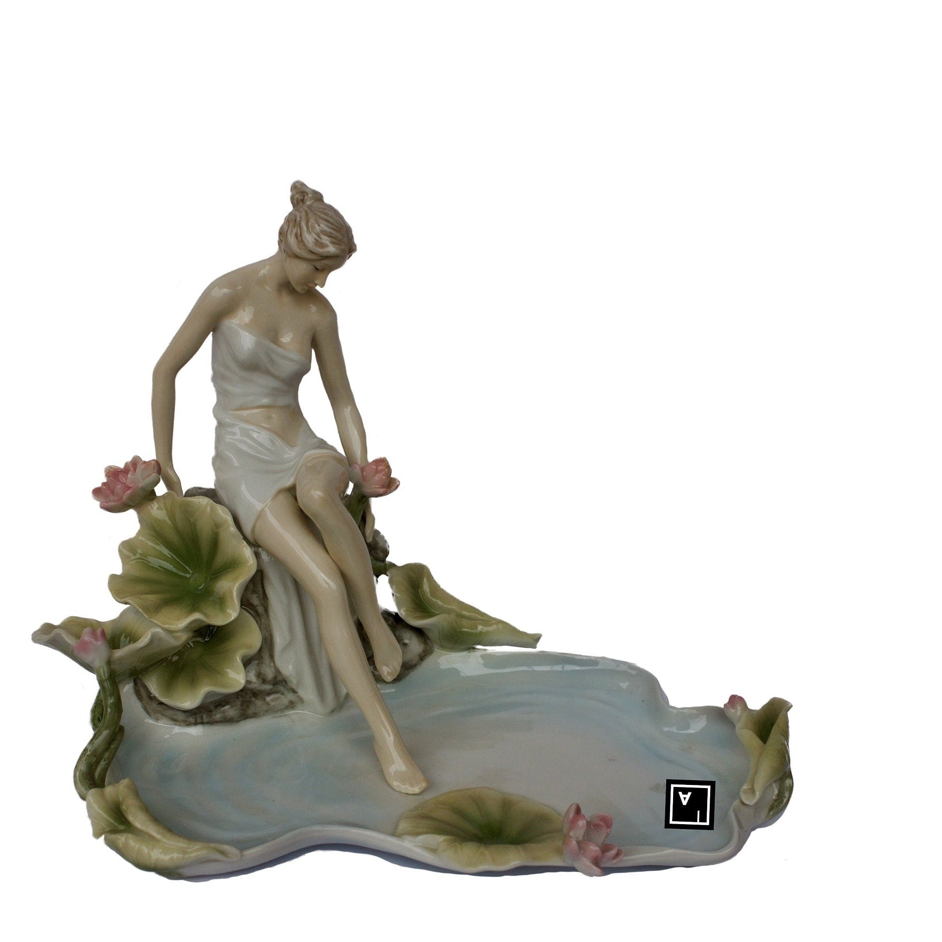Art nouveau inspired Blue and White Porcelain Tray Lotus Pond Sitting Nymph