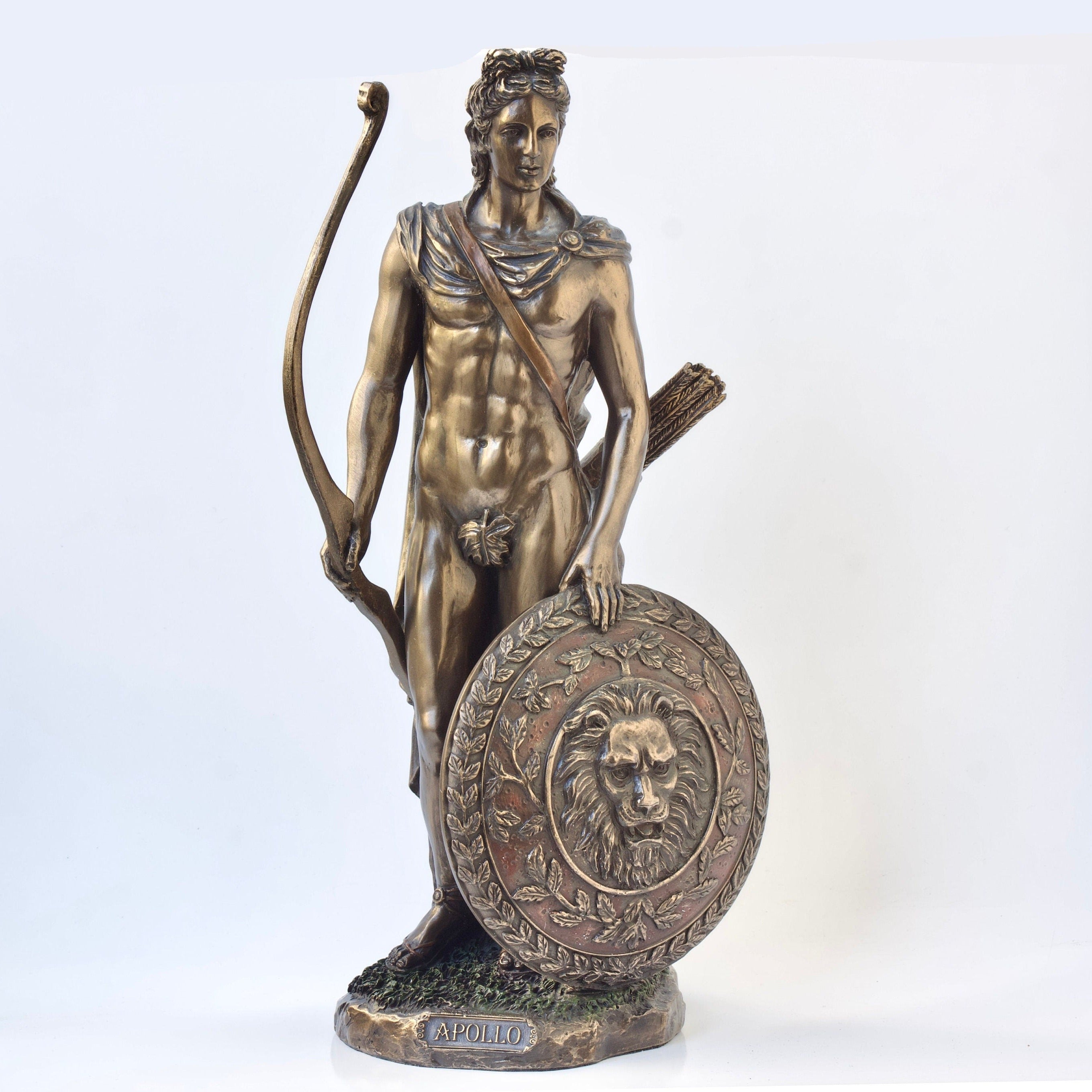 Apollo Roman Greek God with Shield and Bow Bronzed Statue Figurine