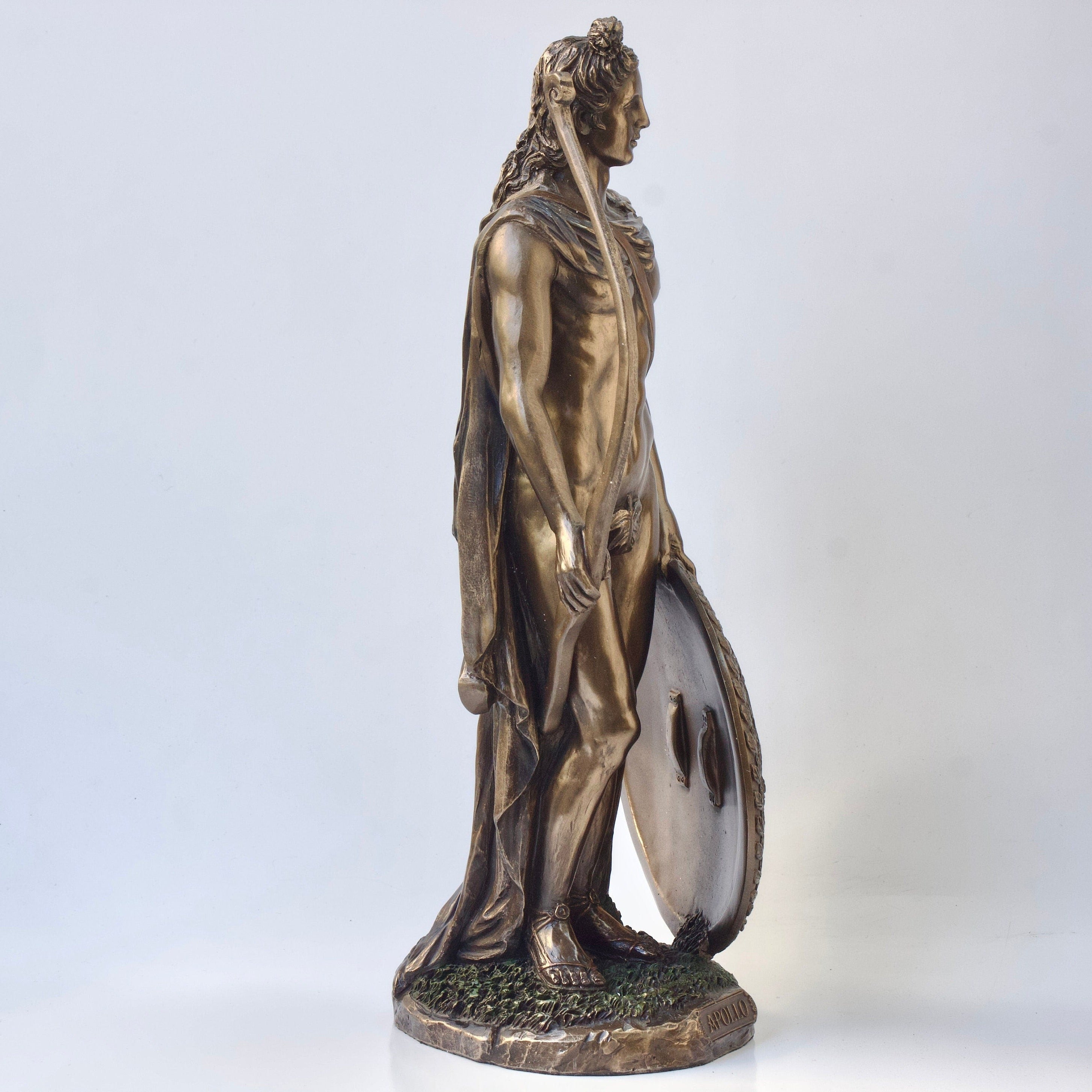 Apollo Roman Greek God with Shield and Bow Bronzed Statue Figurine