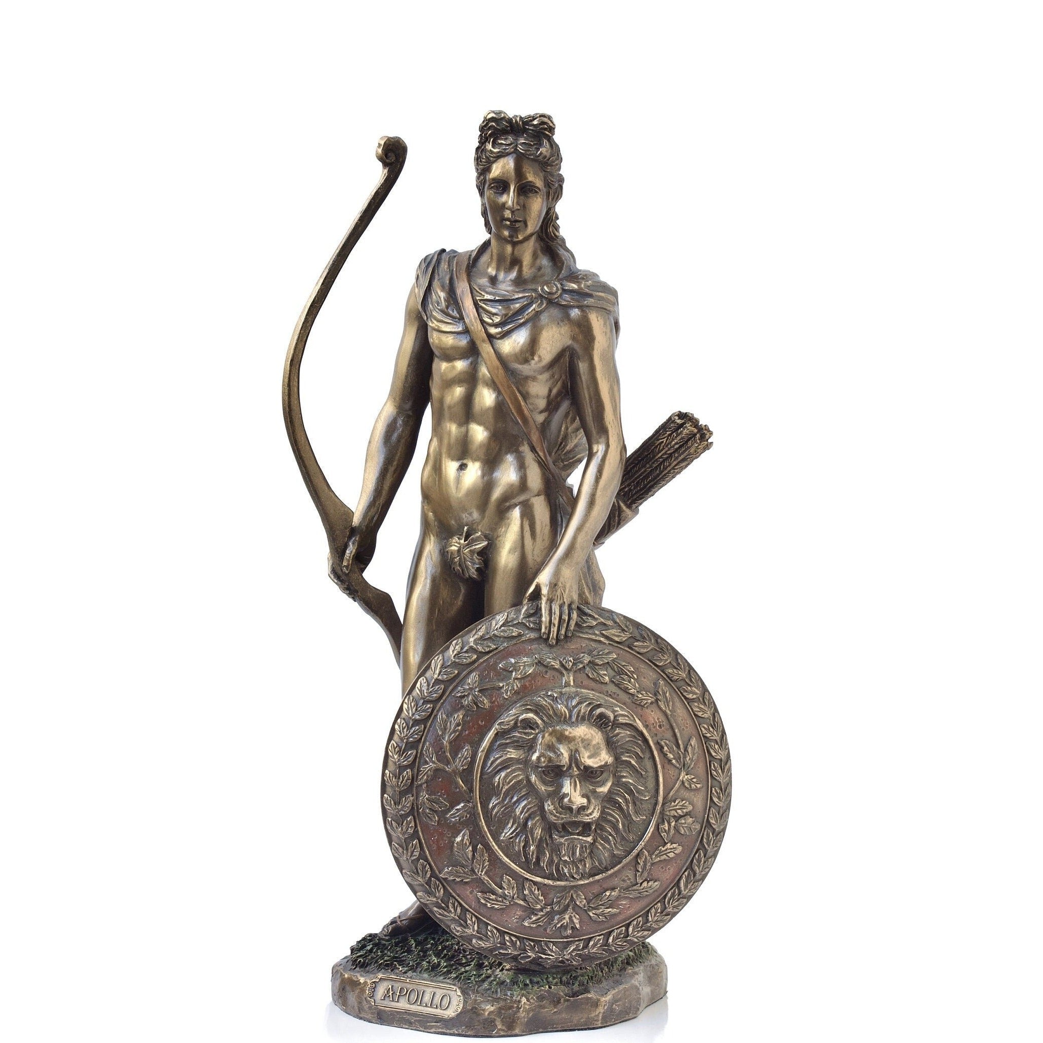 Apollo Roman Greek God with Shield and Bow Bronzed Statue Figurine