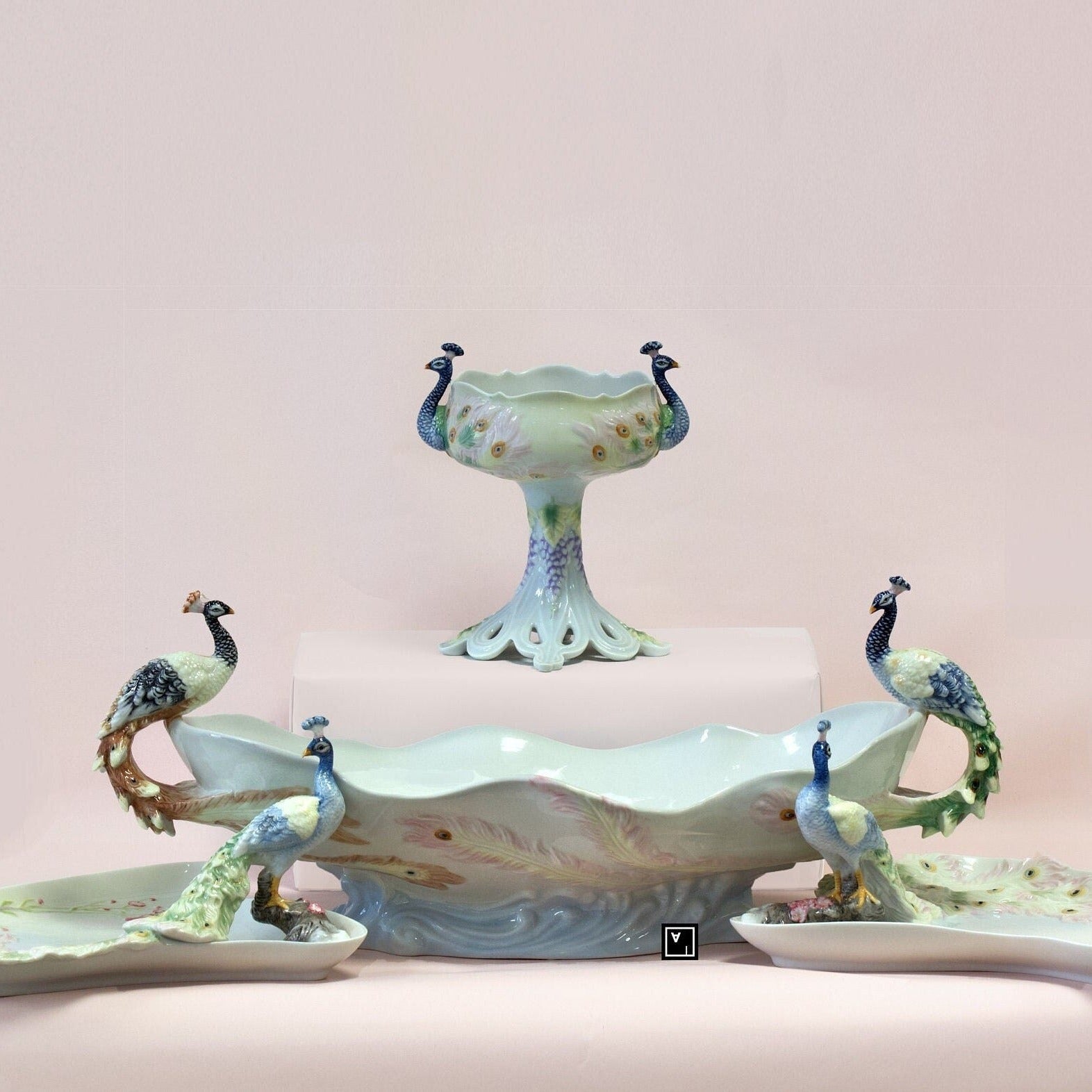 Art Nouveau inspired Peacock centerpiece Porcelain Set