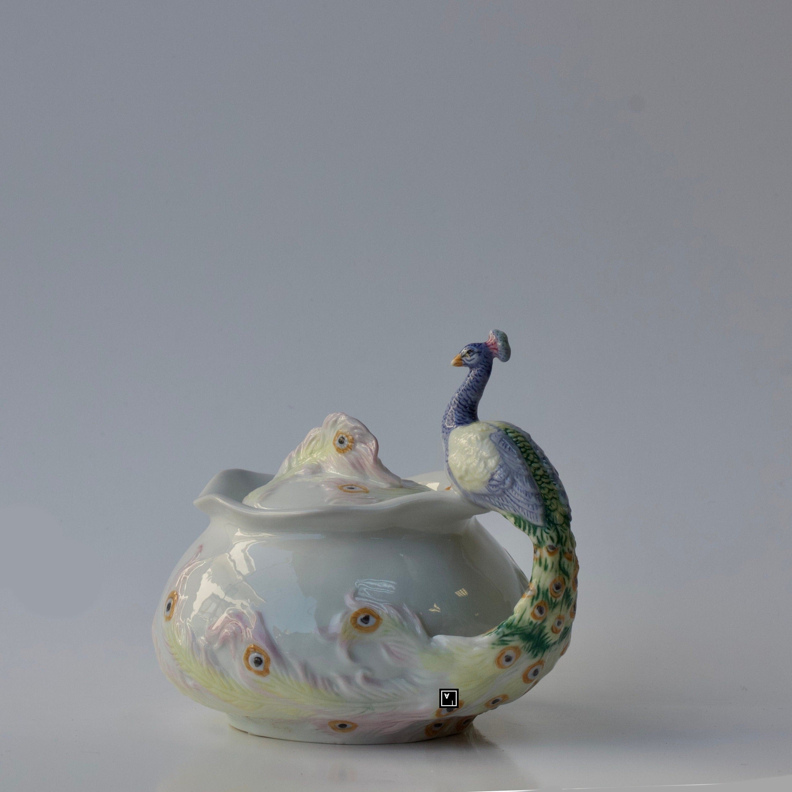 4.45 Inch Peacock Sugar Bowl with Lid. Fine Porcelain Peacock Pitcher