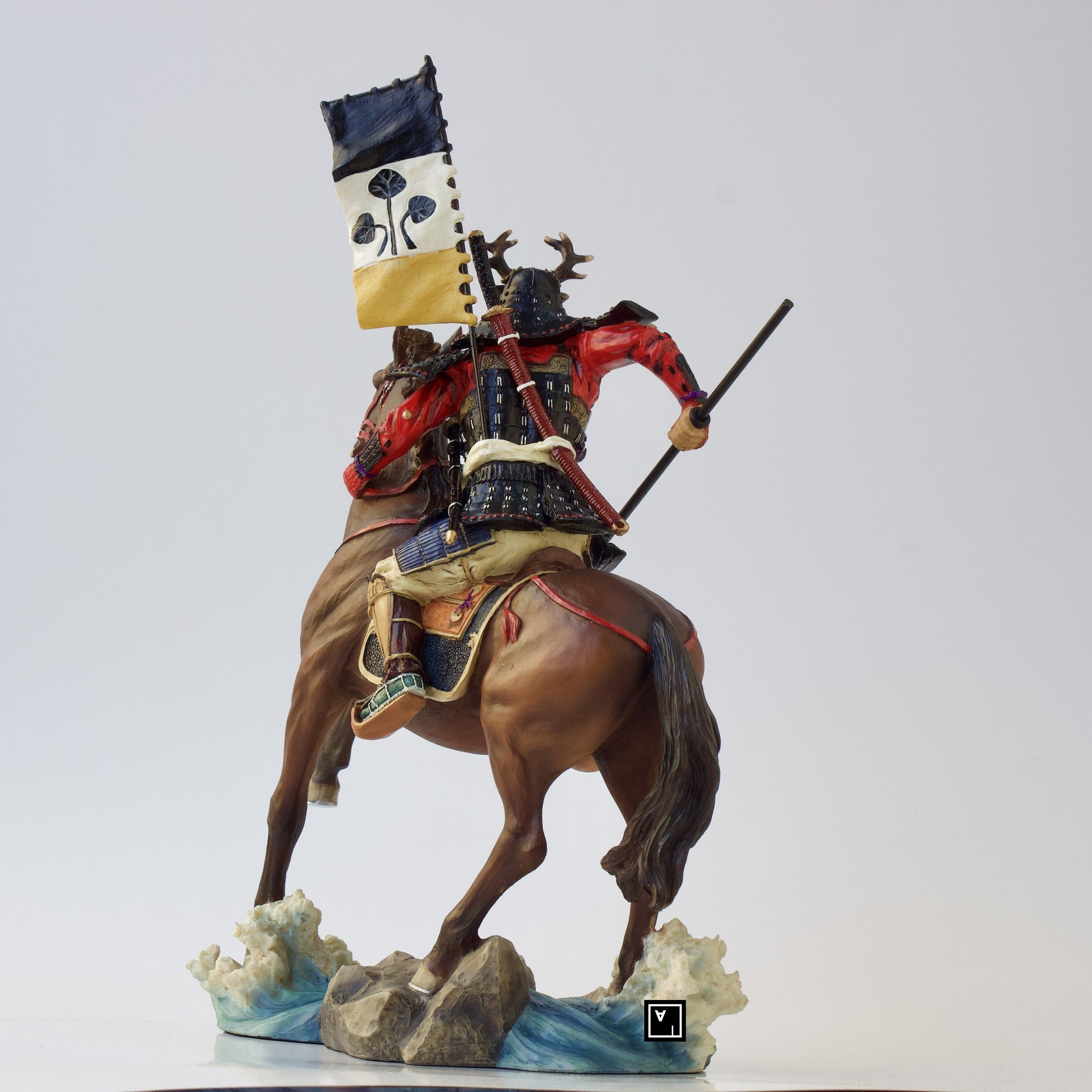 Samurai Horse Rider Statue: Sengoku Period Cavalry Spear, Hand Painted Resin
