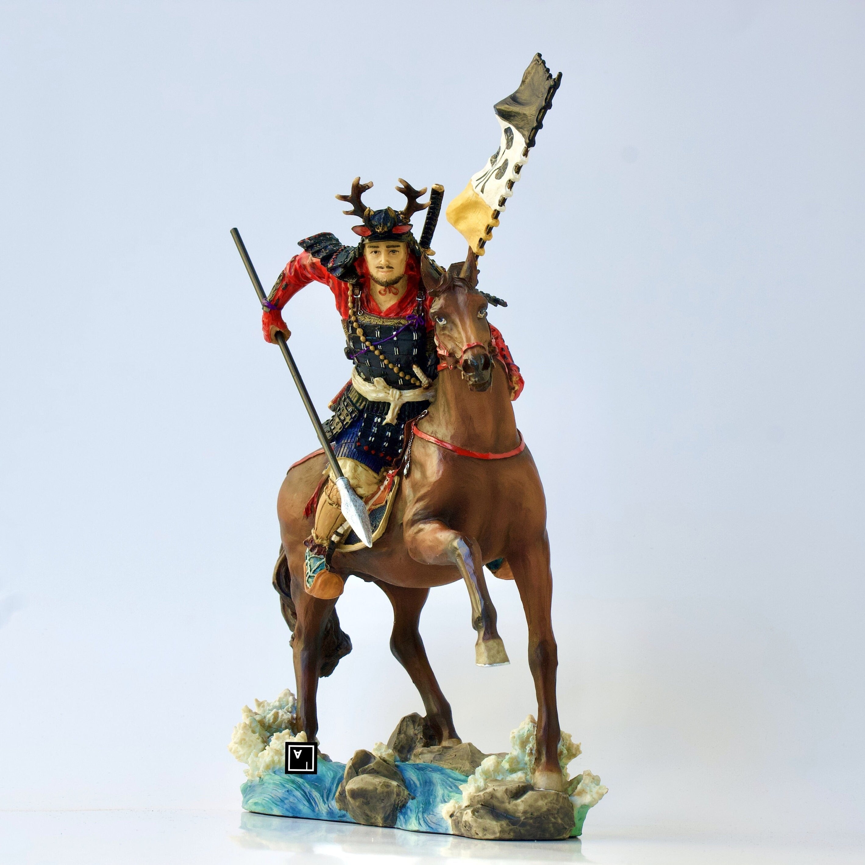 Samurai Horse Rider Statue: Sengoku Period Cavalry Spear, Hand Painted Resin