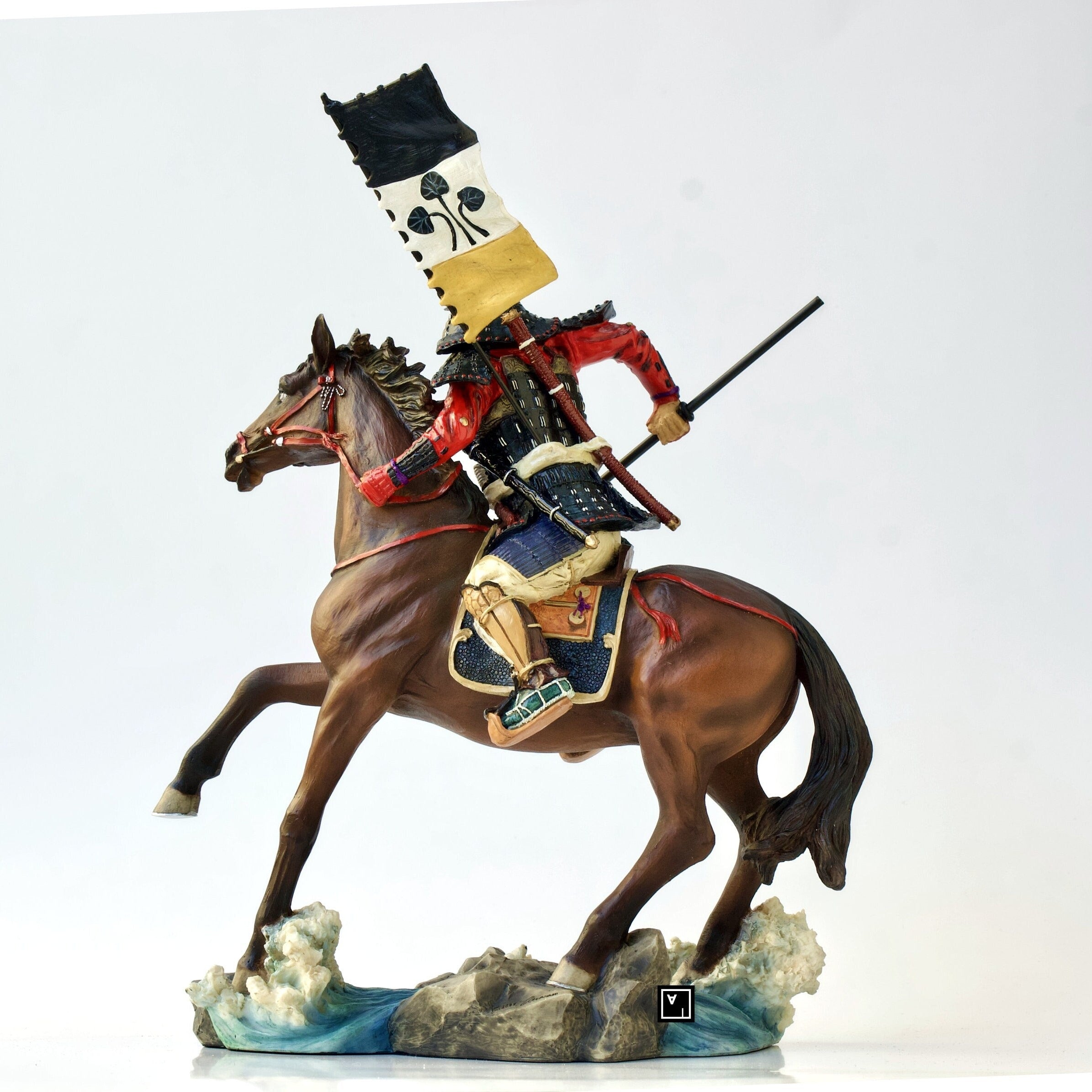 Samurai Horse Rider Statue: Sengoku Period Cavalry Spear, Hand Painted Resin
