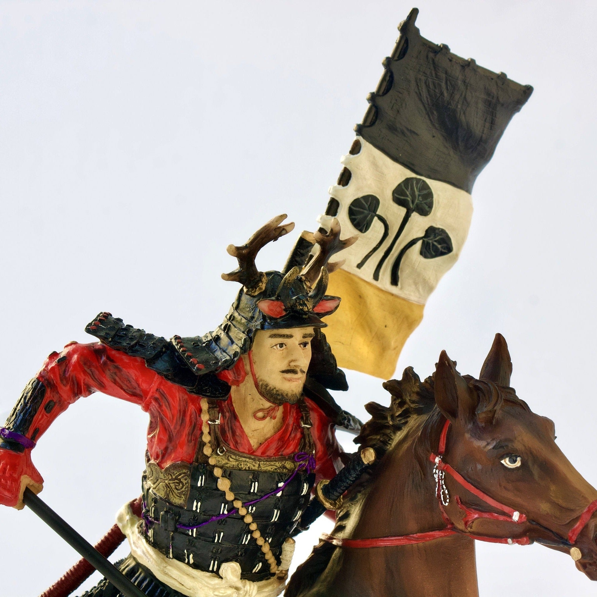Samurai Horse Rider Statue: Sengoku Period Cavalry Spear, Hand Painted Resin