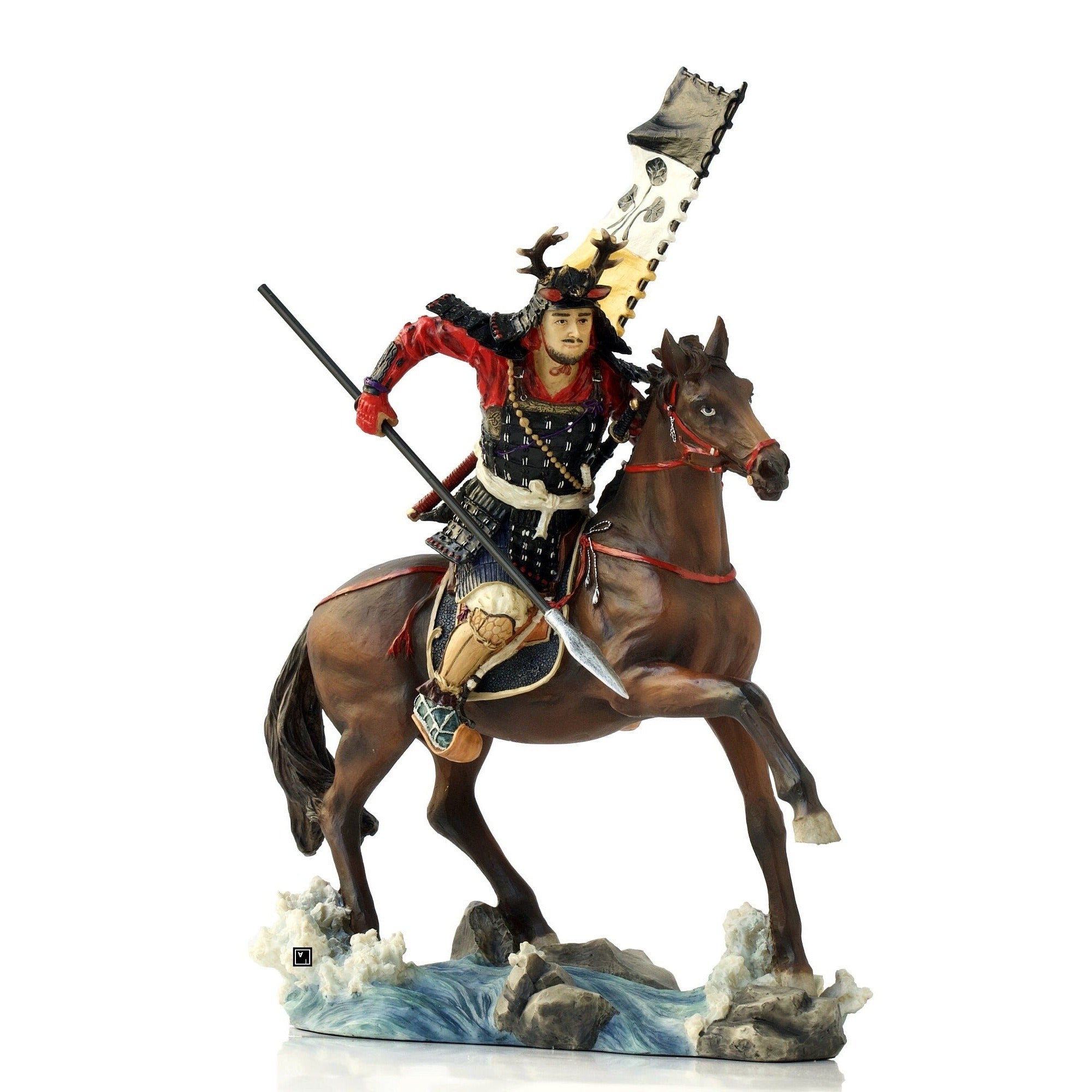 Samurai Horse Rider Statue: Sengoku Period Cavalry Spear, Hand Painted Resin
