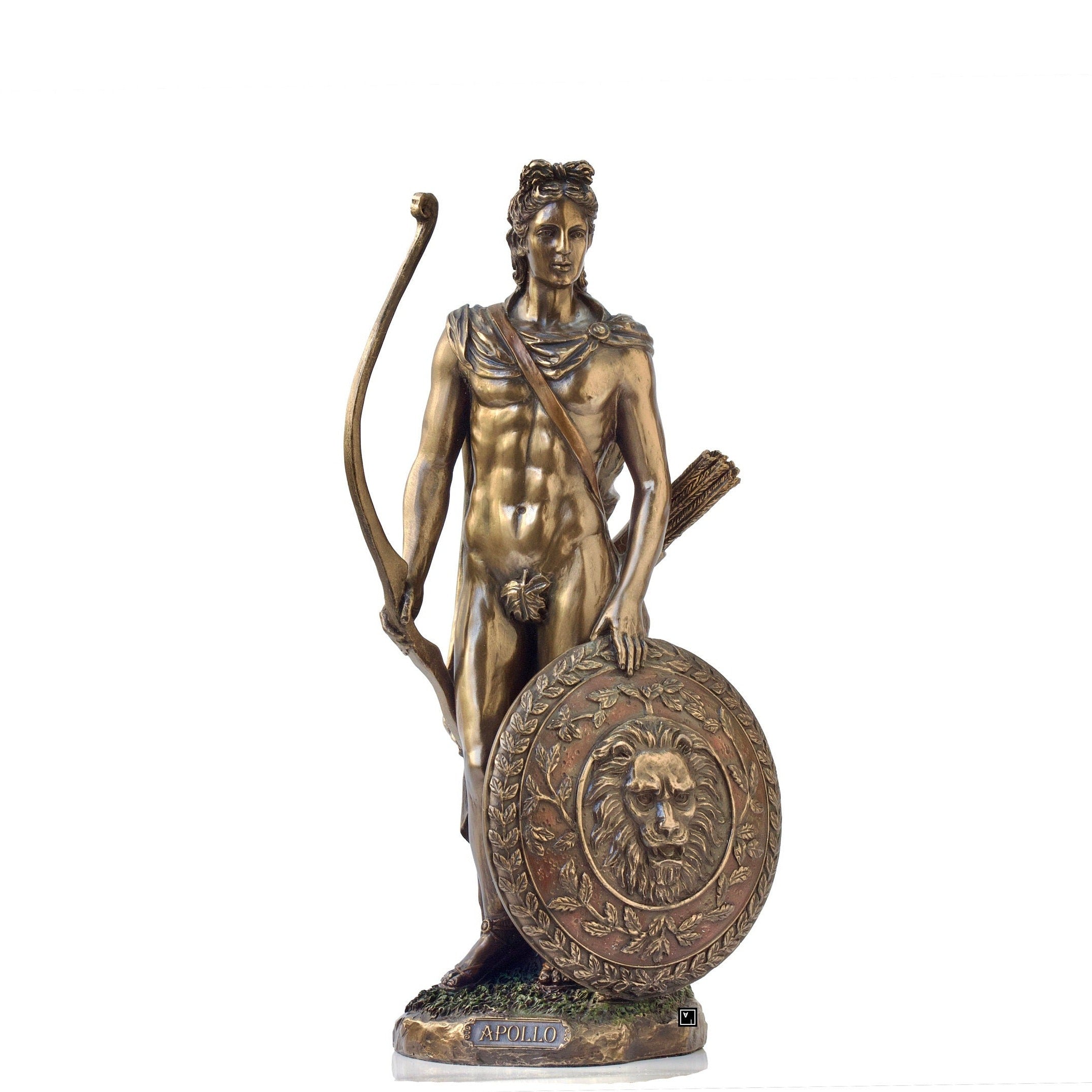 Apollo Roman Greek God with Shield and Bow Bronzed Statue Figurine