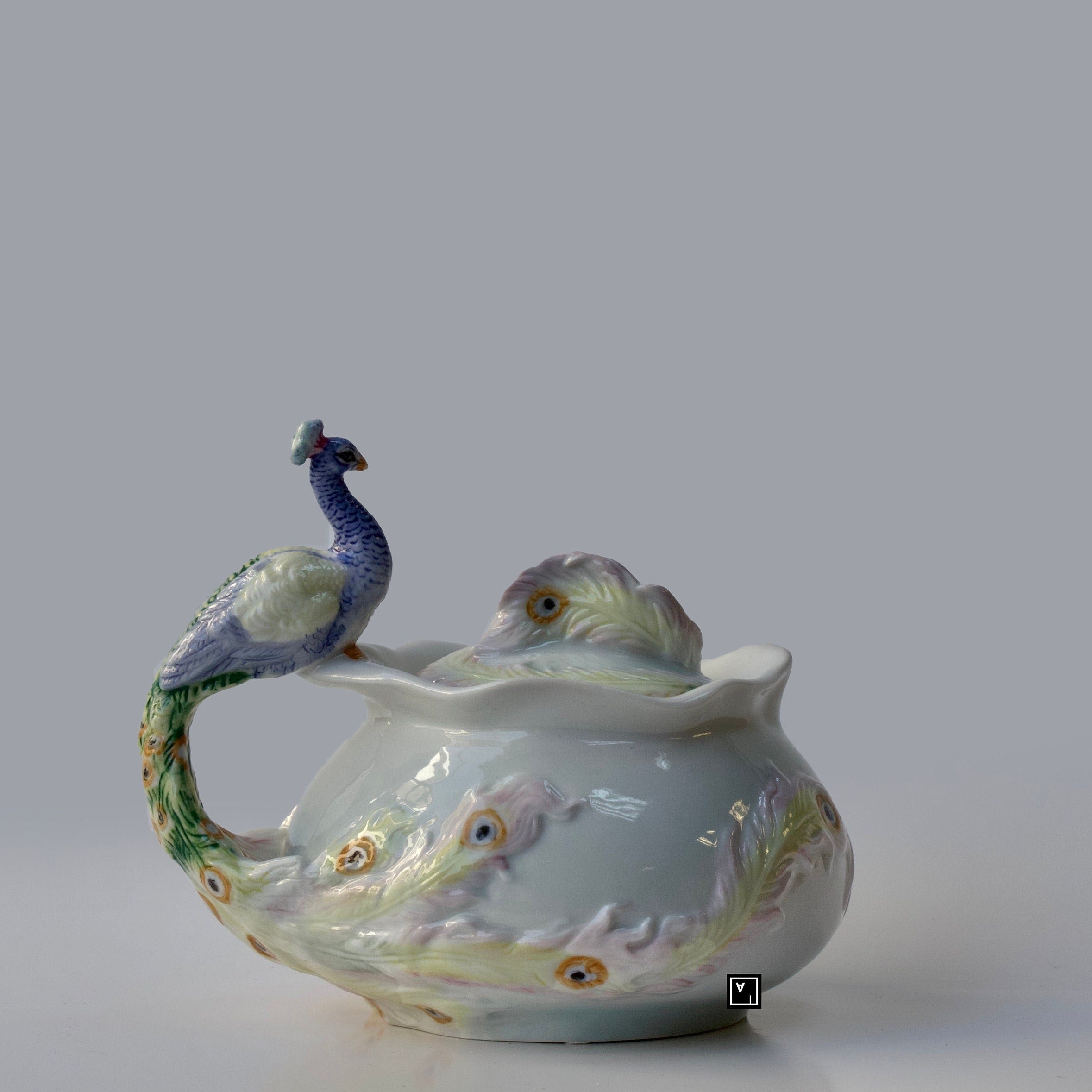 4.45 Inch Peacock Sugar Bowl with Lid. Fine Porcelain Peacock Pitcher