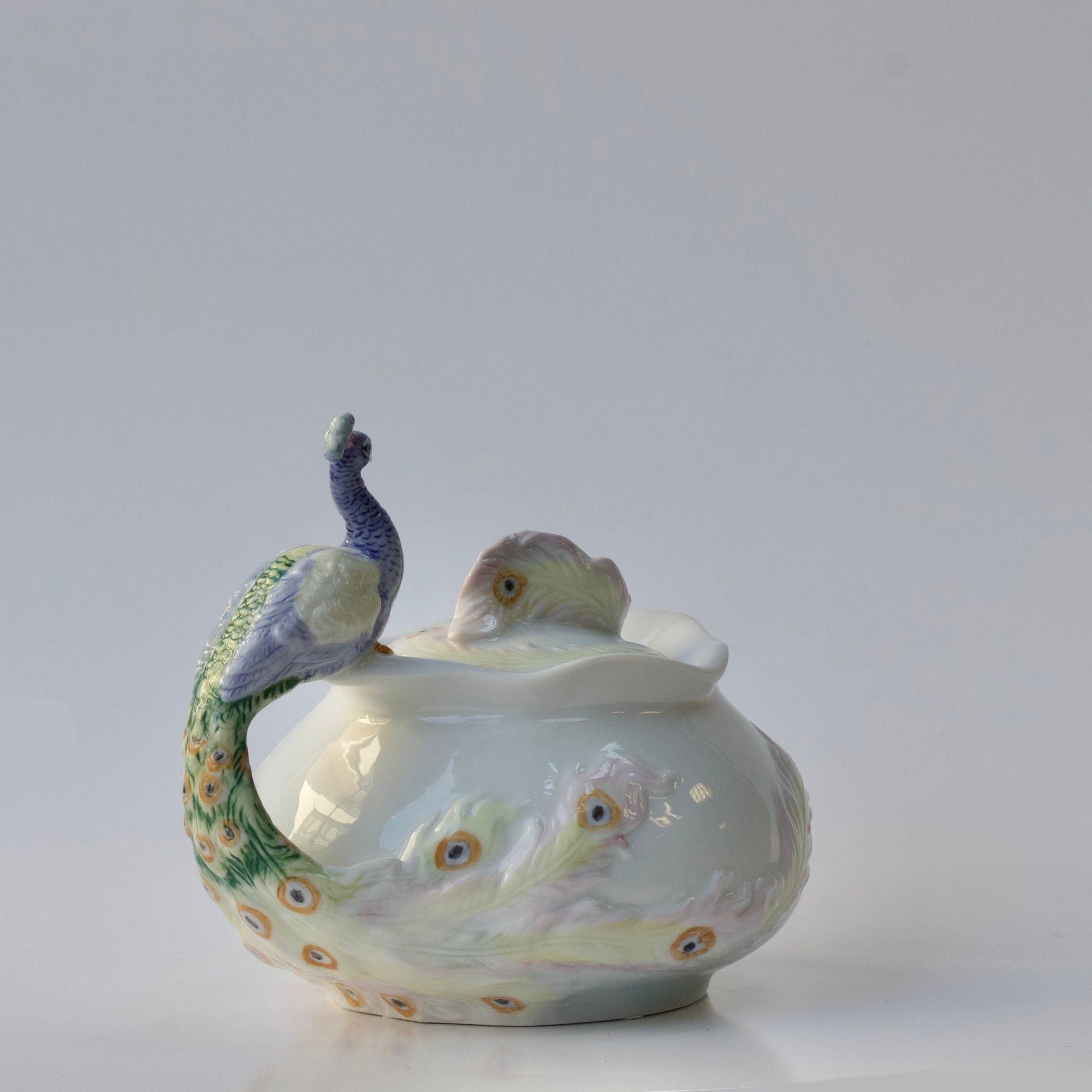4.45 Inch Peacock Sugar Bowl with Lid. Fine Porcelain Peacock Pitcher