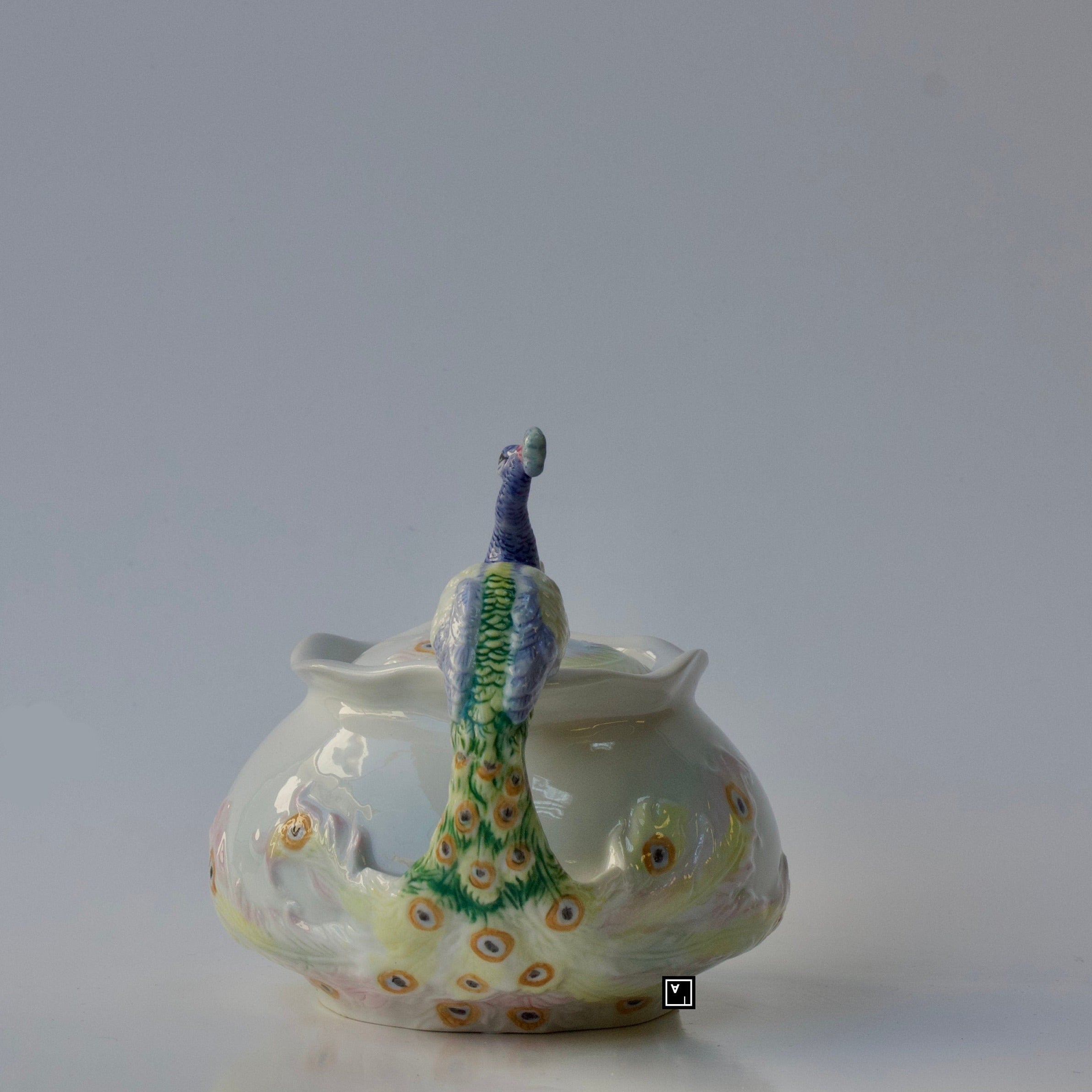 4.45 Inch Peacock Sugar Bowl with Lid. Fine Porcelain Peacock Pitcher