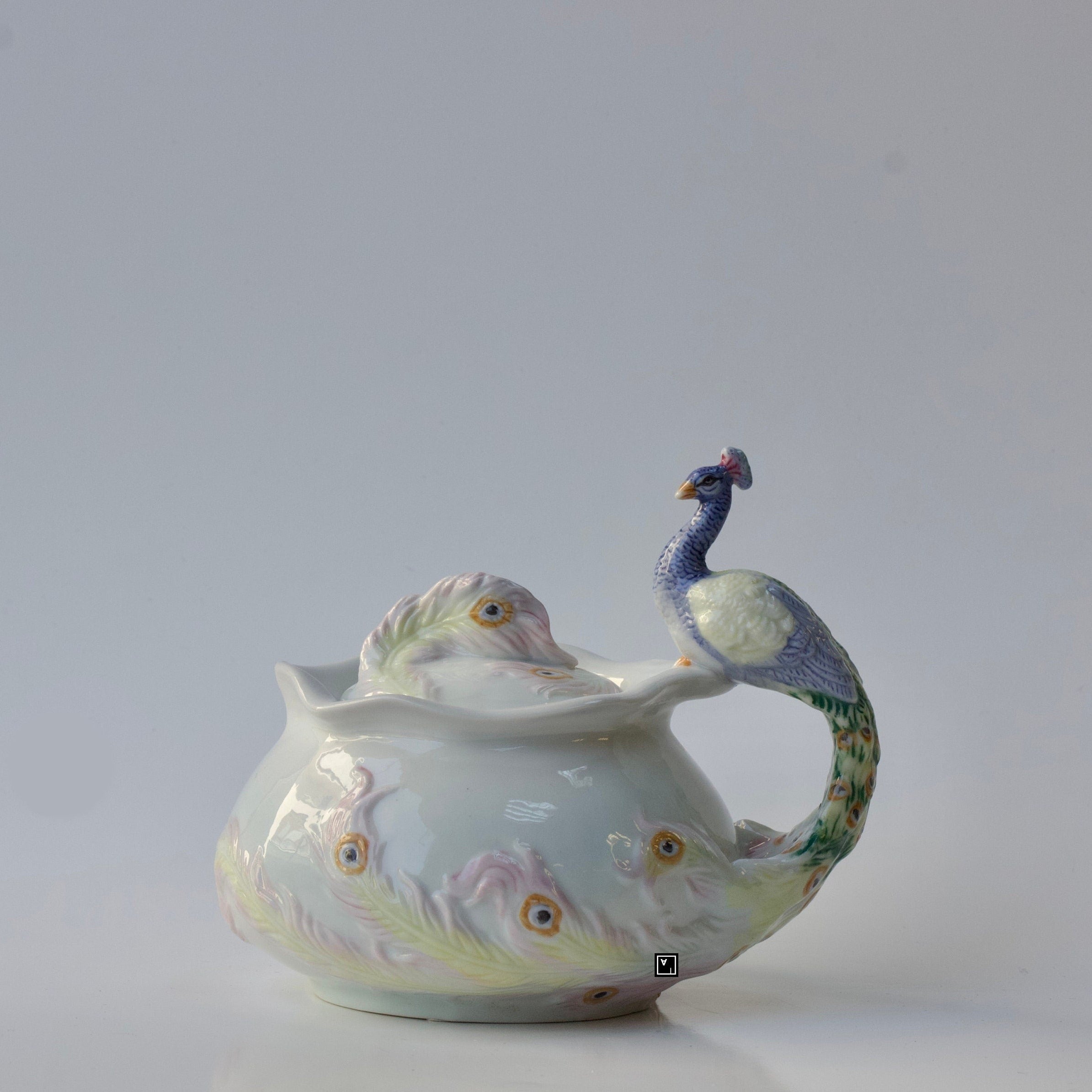 4.45 Inch Peacock Sugar Bowl with Lid. Fine Porcelain Peacock Pitcher