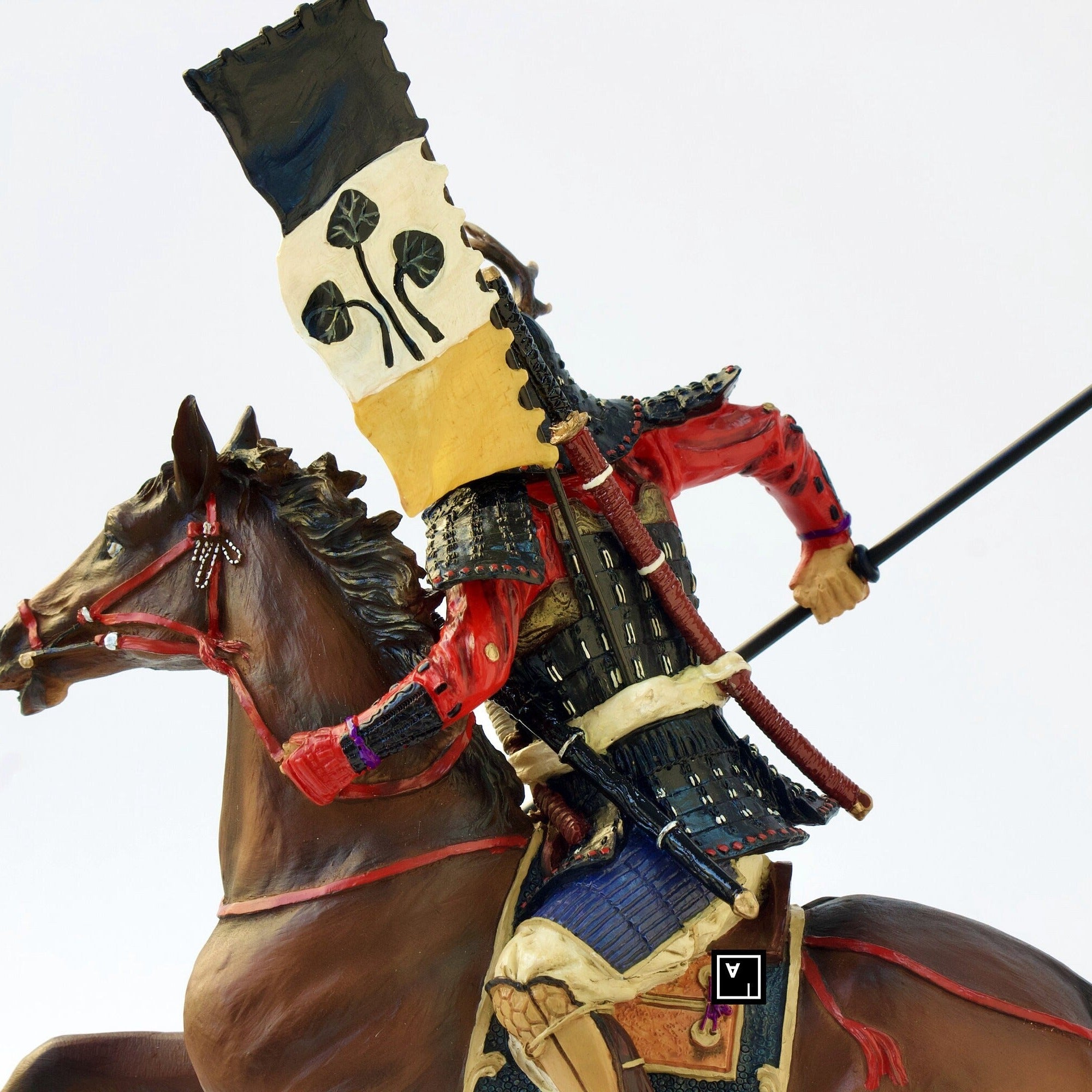 Samurai Horse Rider Statue: Sengoku Period Cavalry Spear, Hand Painted Resin