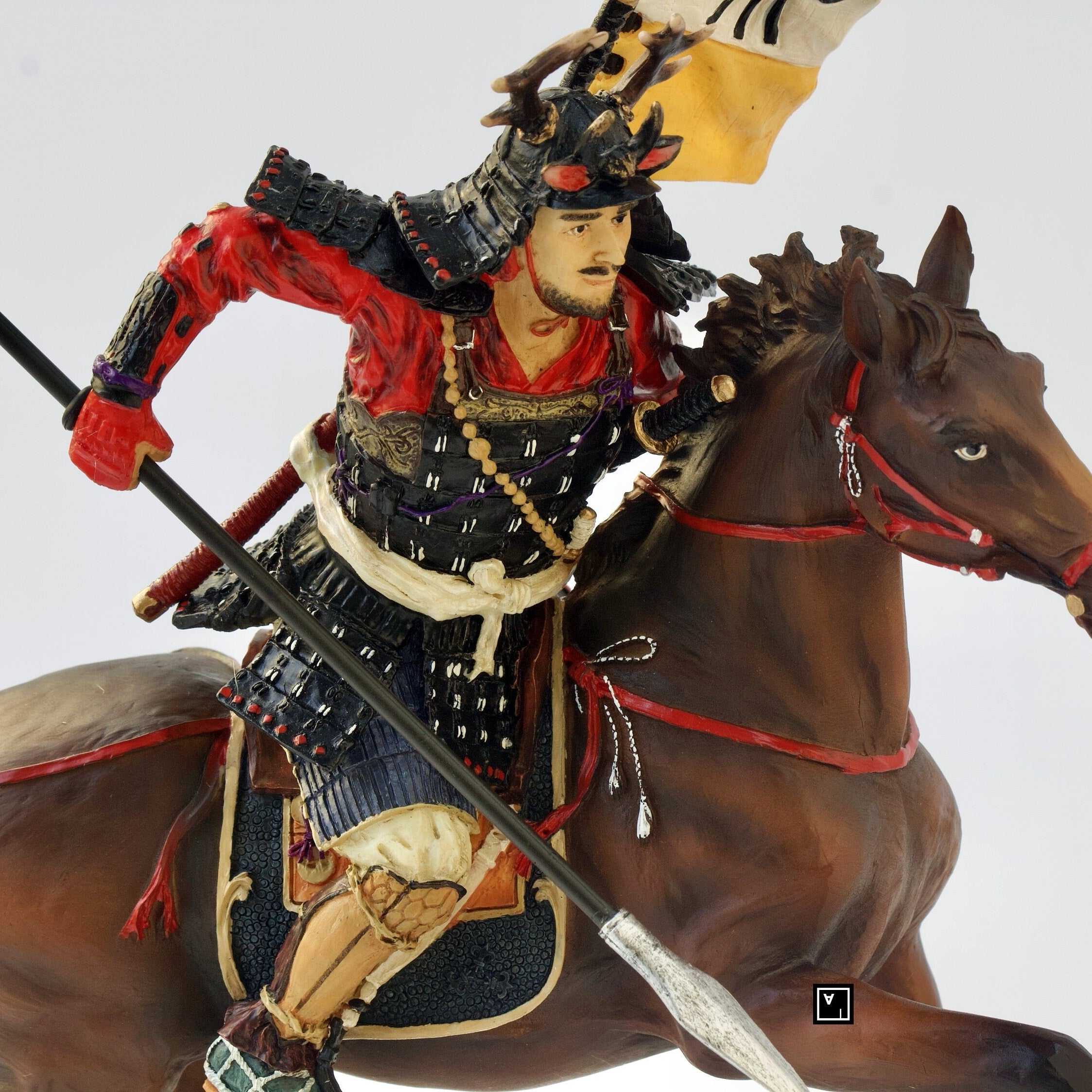 Samurai Horse Rider Statue: Sengoku Period Cavalry Spear, Hand Painted Resin