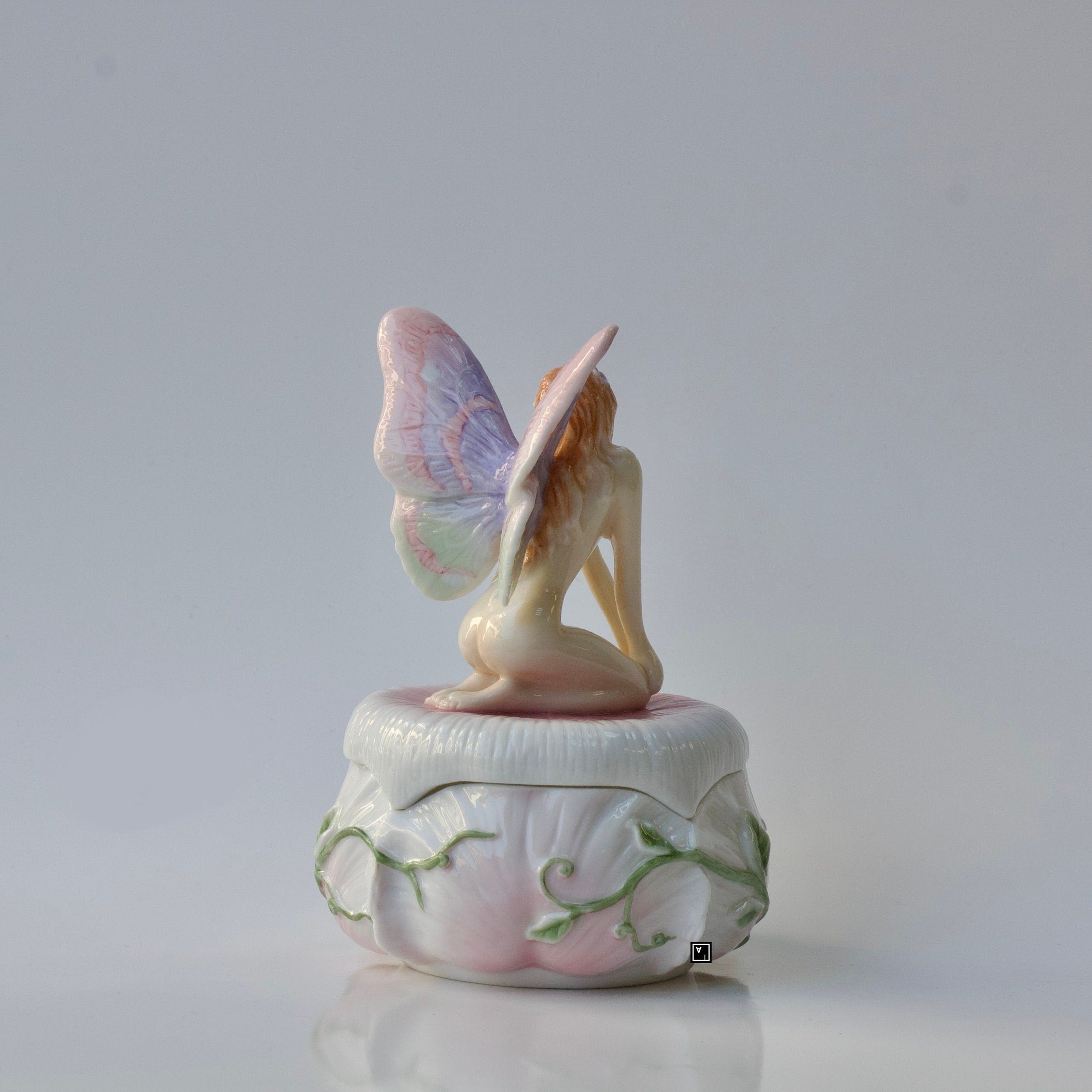 Trinket Box Kneeling Fairy Mauve Blue Wings on Box