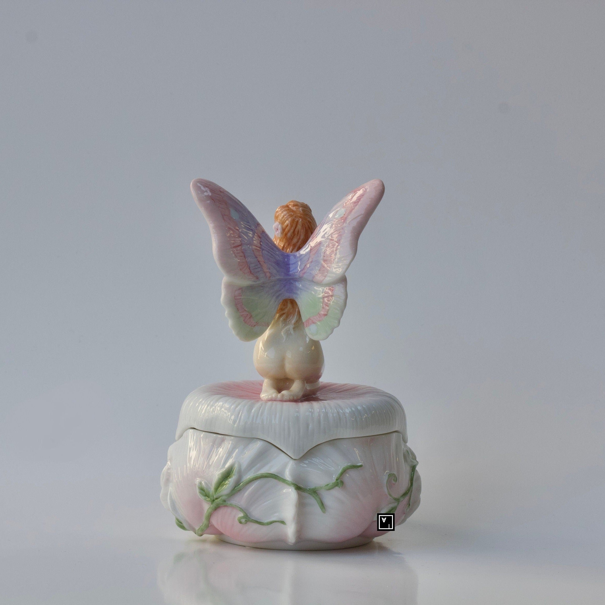 Trinket Box Kneeling Fairy Mauve Blue Wings on Box
