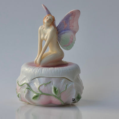 Trinket Box Kneeling Fairy Mauve Blue Wings on Box