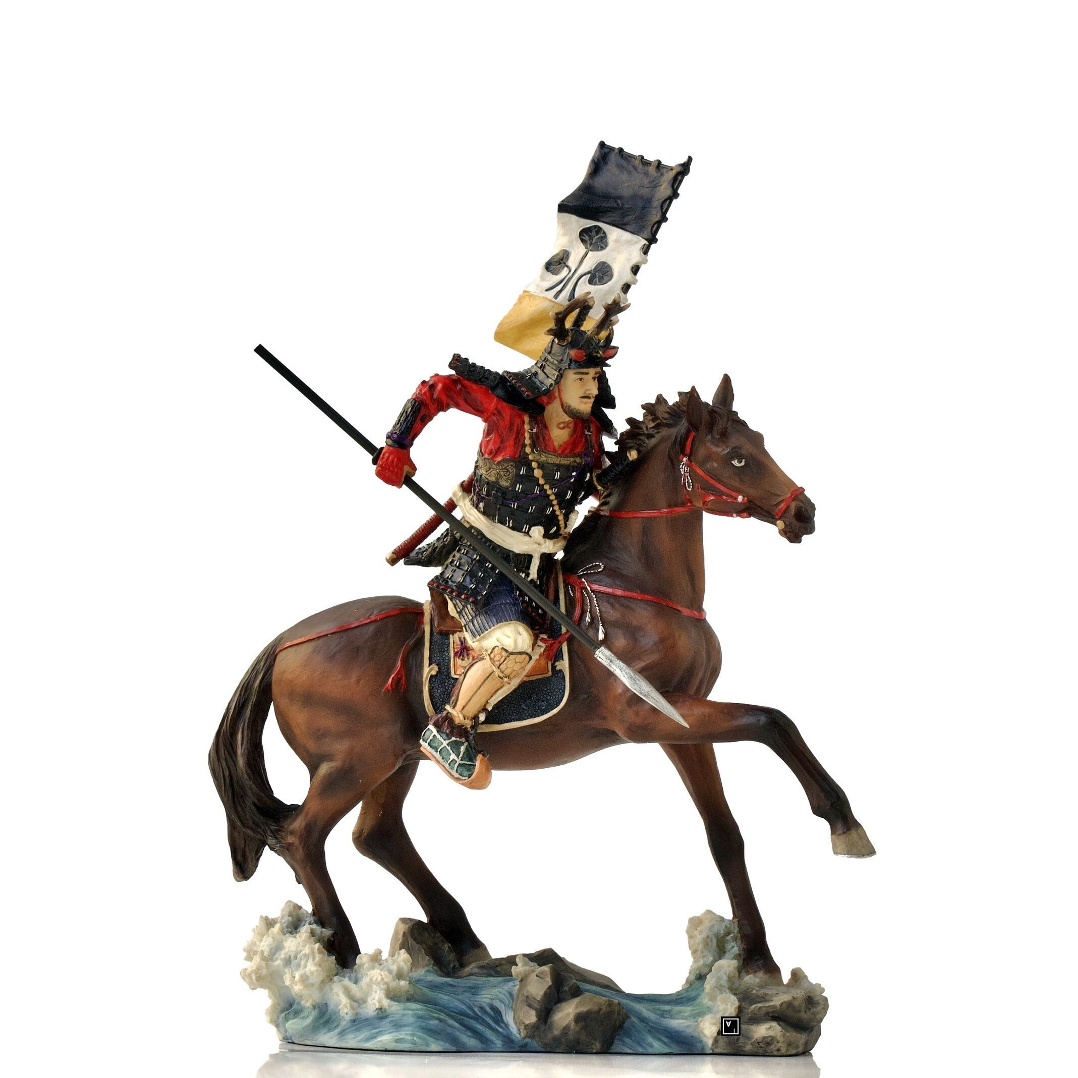 Samurai Horse Rider Statue: Sengoku Period Cavalry Spear, Hand Painted Resin
