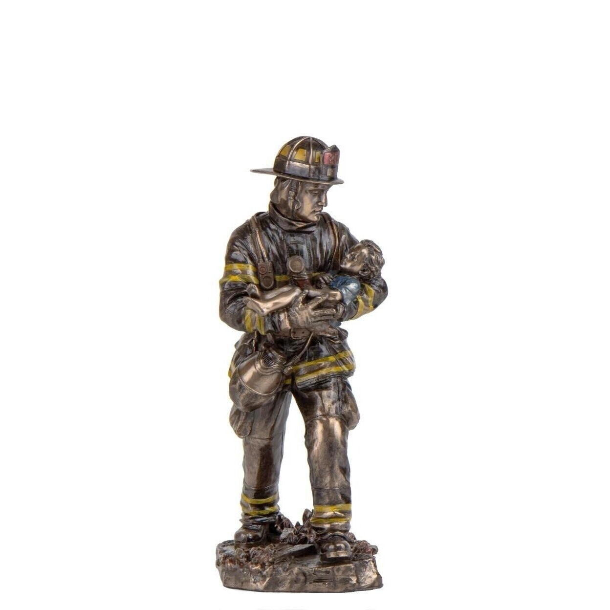 Firefighter Carrying Child Statue: Cold Cast Bronze Rescue Hero Decor (11 Inches)