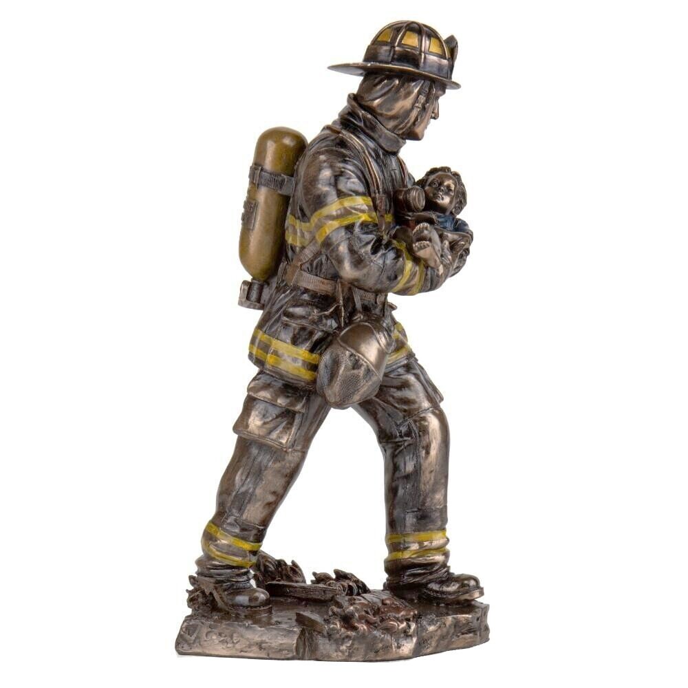 Firefighter Carrying Child Statue: Cold Cast Bronze Rescue Hero Decor (11 Inches)