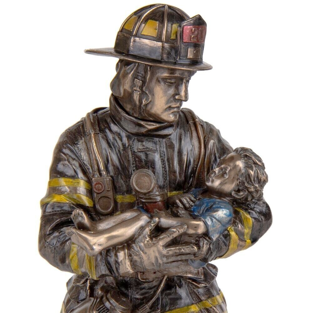Firefighter Carrying Child Statue: Cold Cast Bronze Rescue Hero Decor (11 Inches)