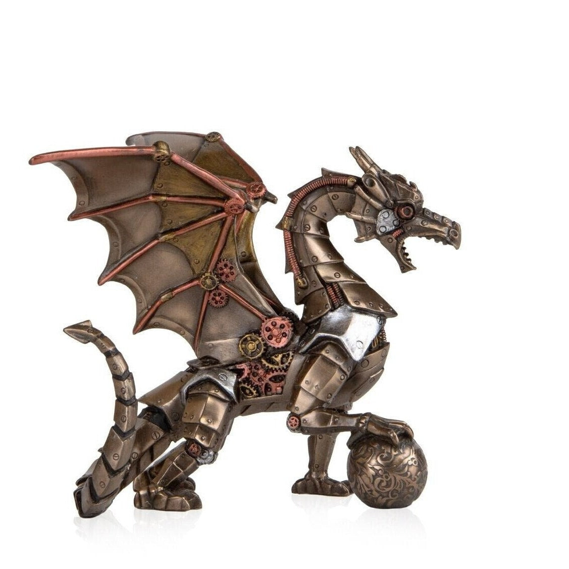 Steampunk Dragon Statue: Bronzed Orb Sculpture