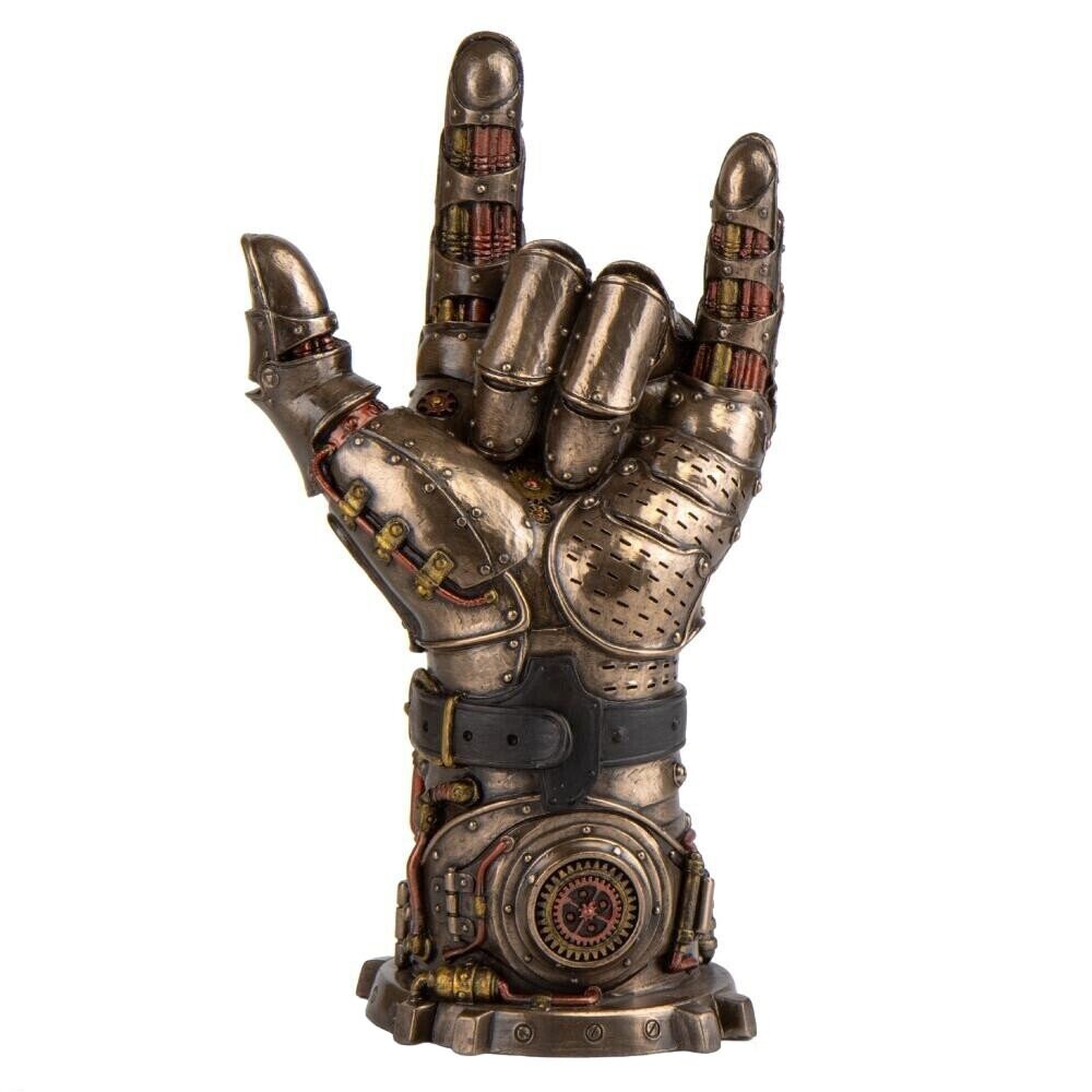 Steampunk Rock Hand Sculpture: Mechanical Gesture Statue, 10 Inches