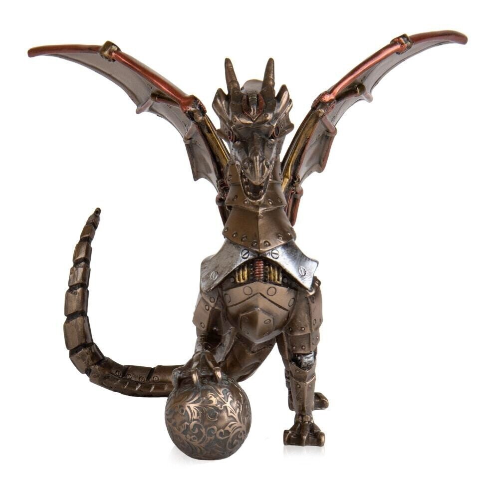 Steampunk Dragon Statue: Bronzed Orb Sculpture
