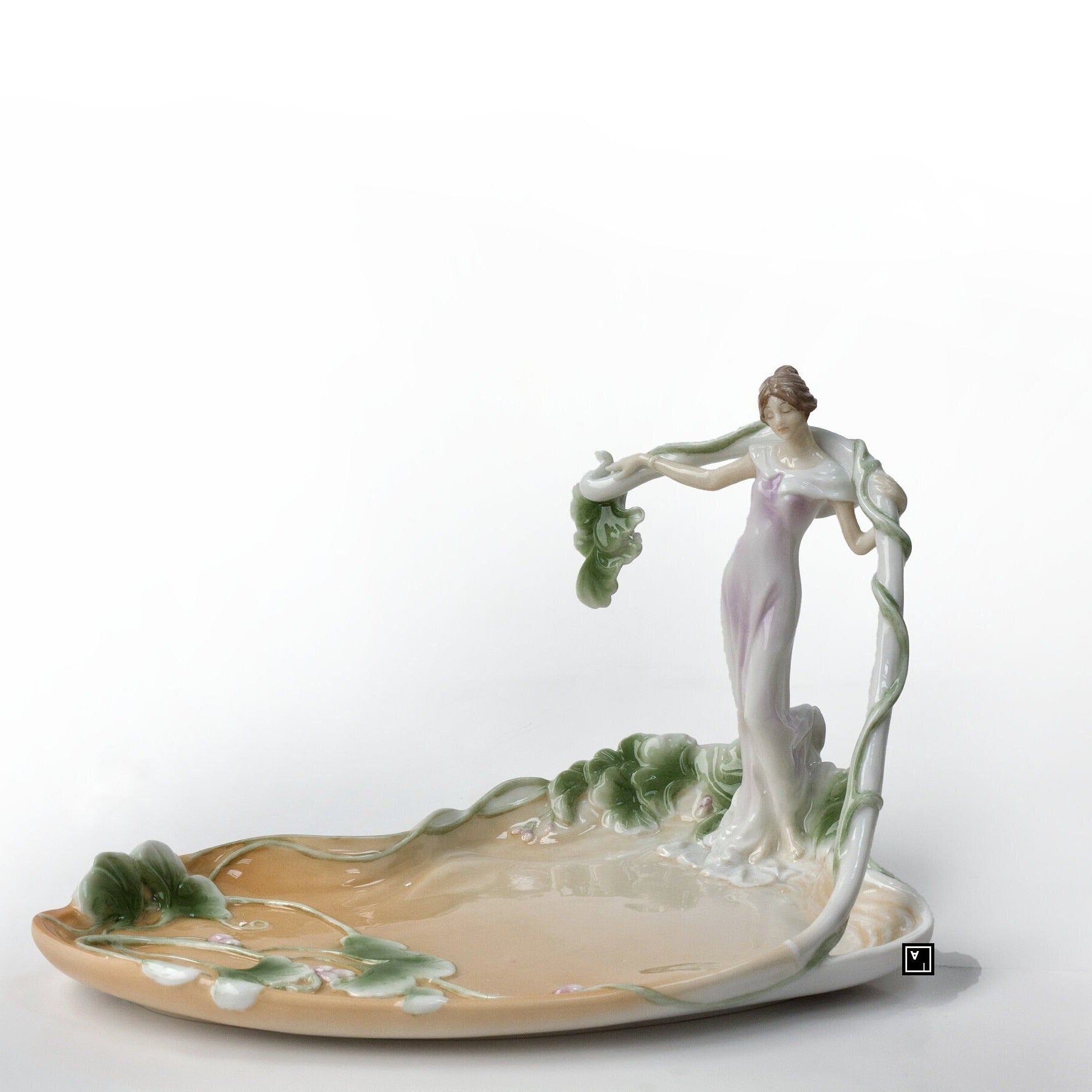 5.51" Inches Art Nouveau Porcelain Bowl with standing Woman Vine Tray