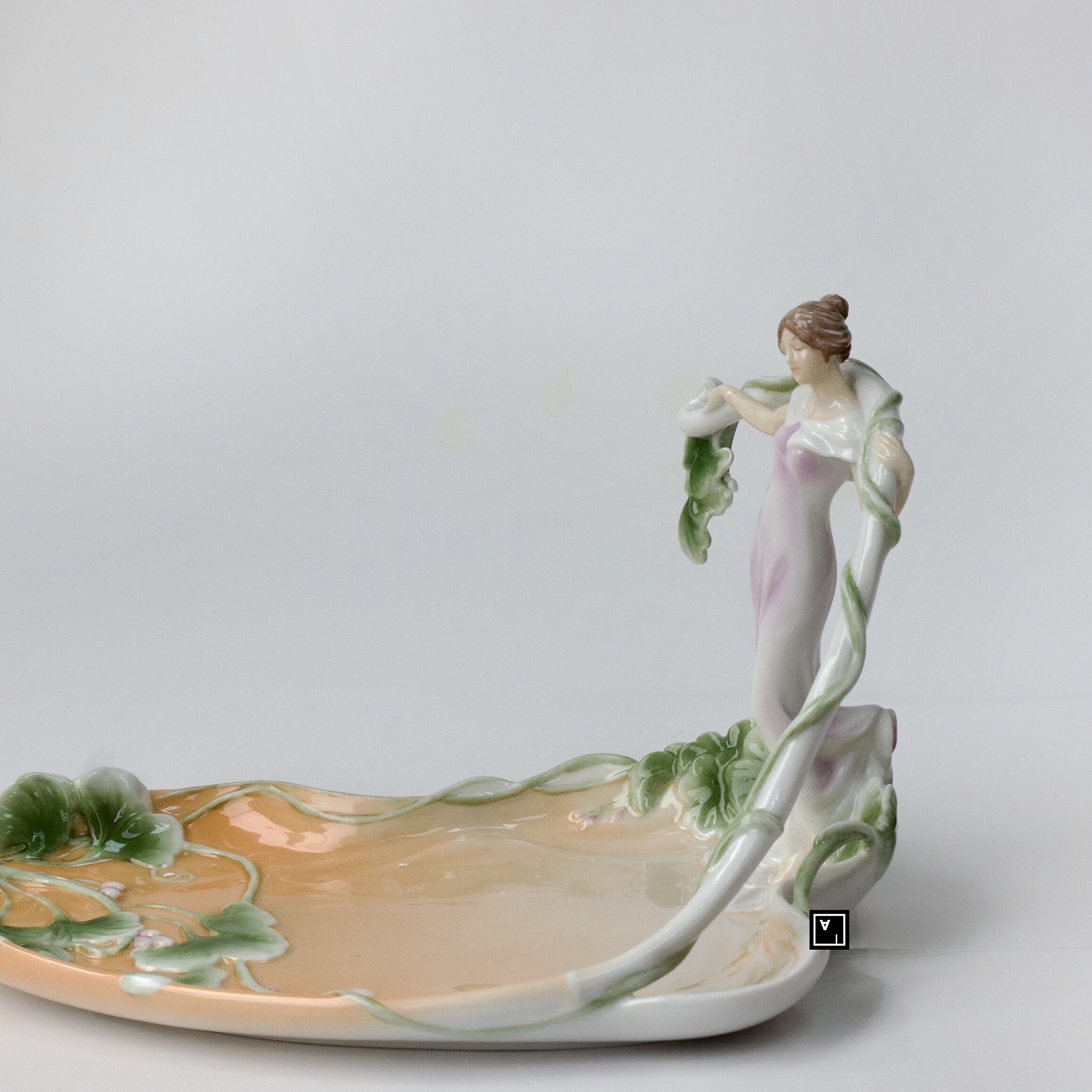5.51" Inches Art Nouveau Porcelain Bowl with standing Woman Vine Tray