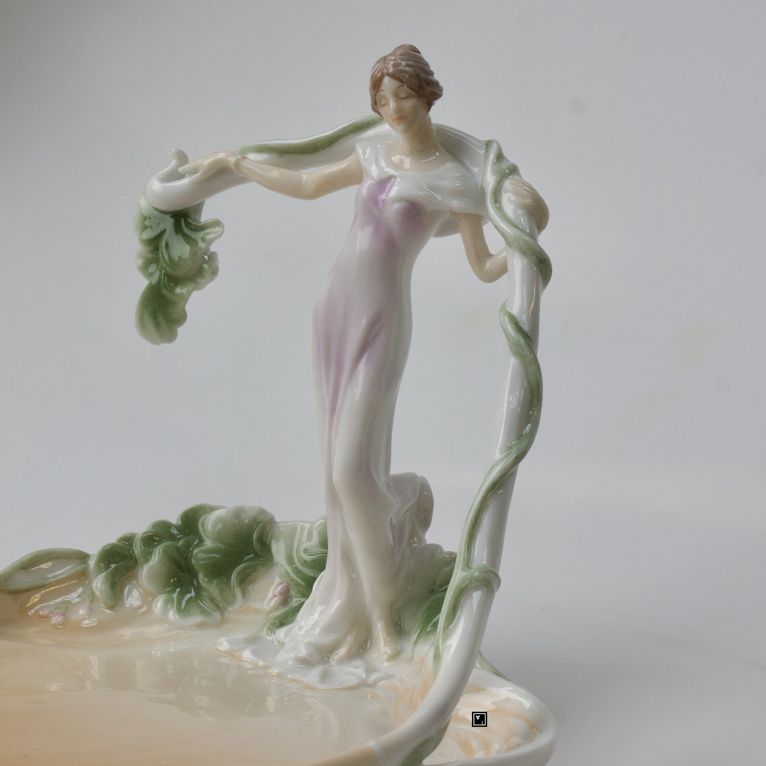 5.51" Inches Art Nouveau Porcelain Bowl with standing Woman Vine Tray