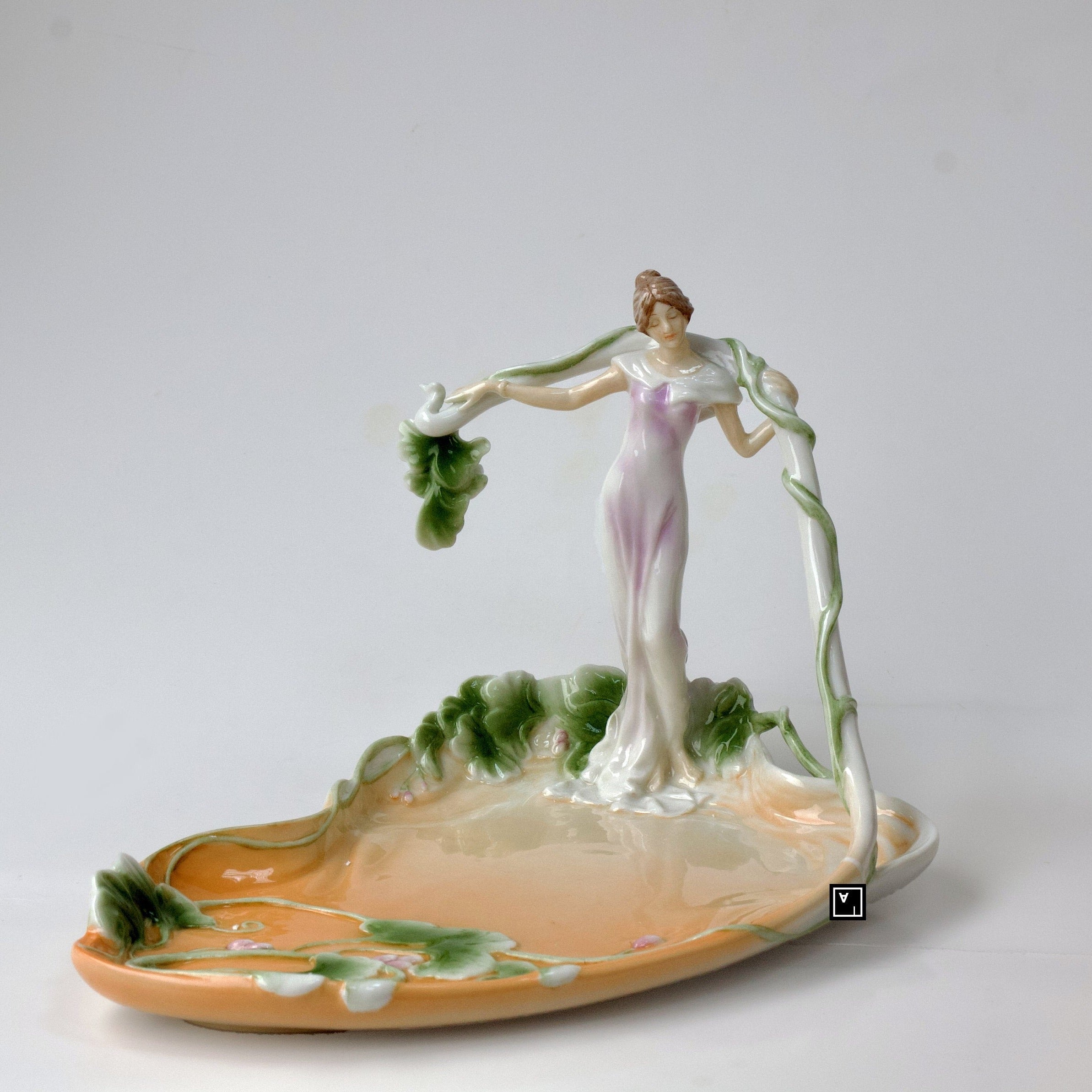 5.51" Inches Art Nouveau Porcelain Bowl with standing Woman Vine Tray