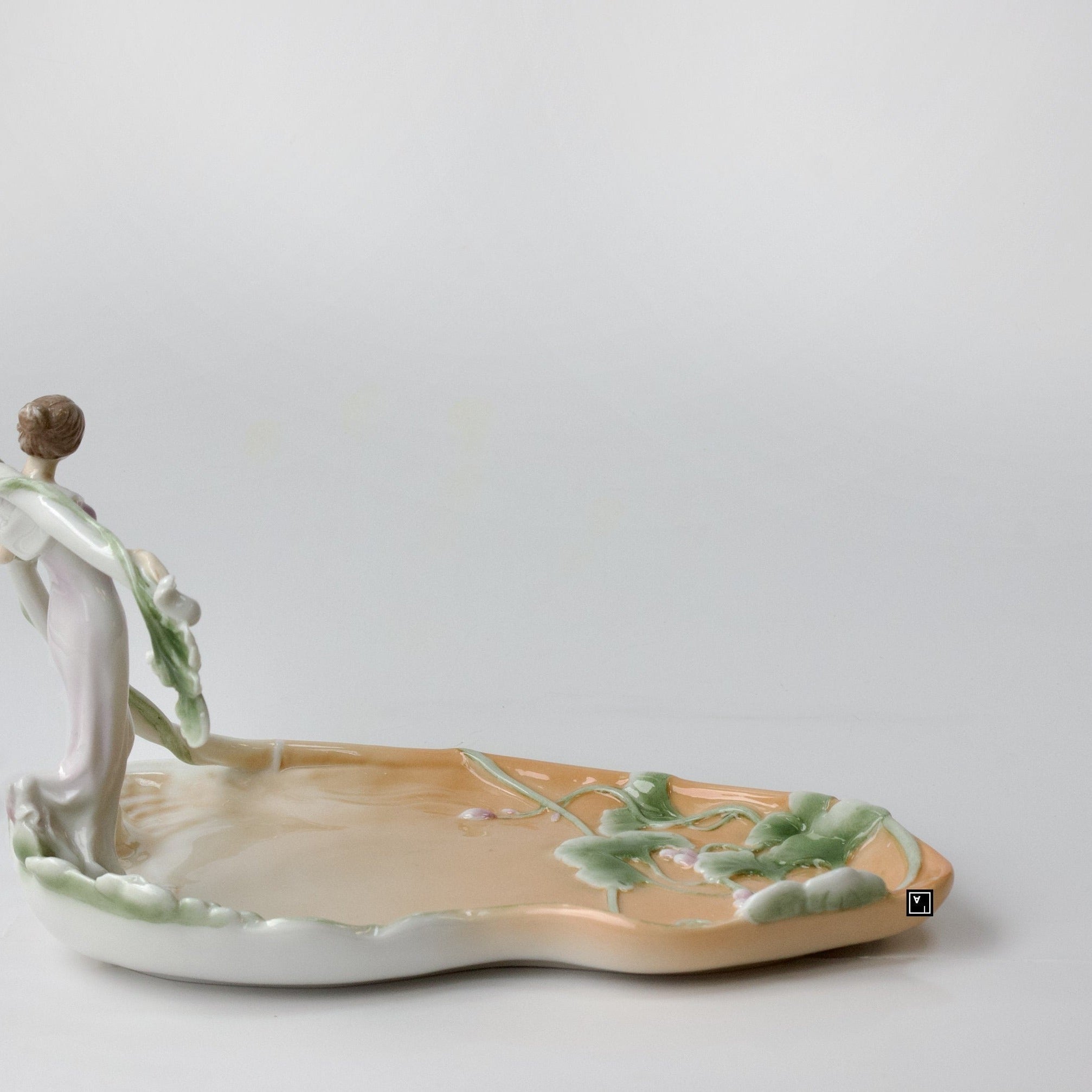 5.51" Inches Art Nouveau Porcelain Bowl with standing Woman Vine Tray