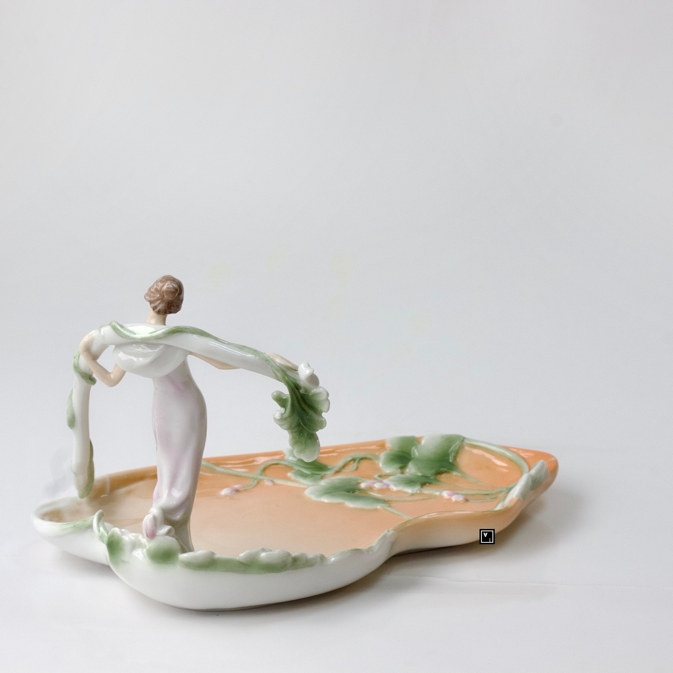 5.51" Inches Art Nouveau Porcelain Bowl with standing Woman Vine Tray