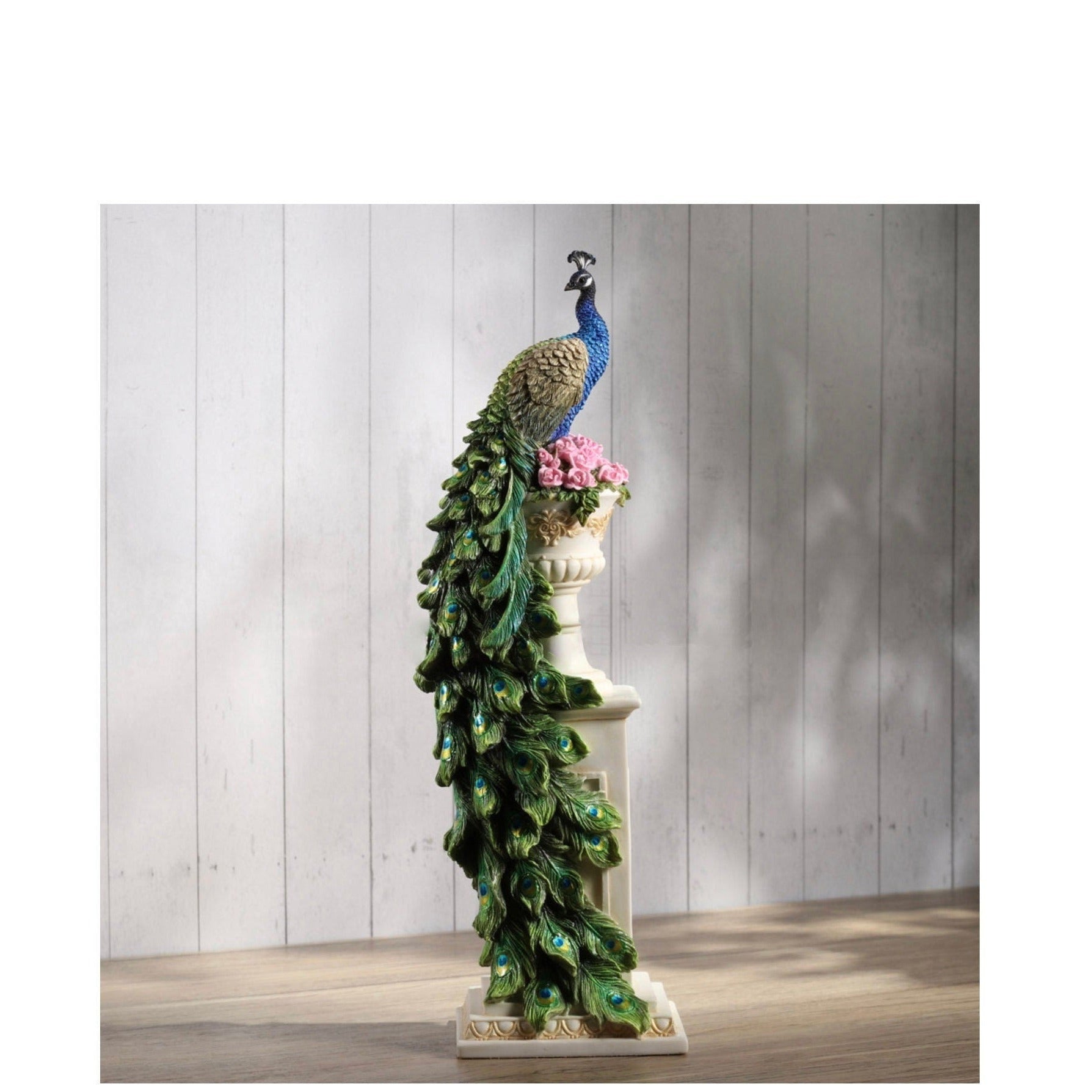 Art Nouveau Peacock Statue: Resin Column Vase Ornament (13 Inches)