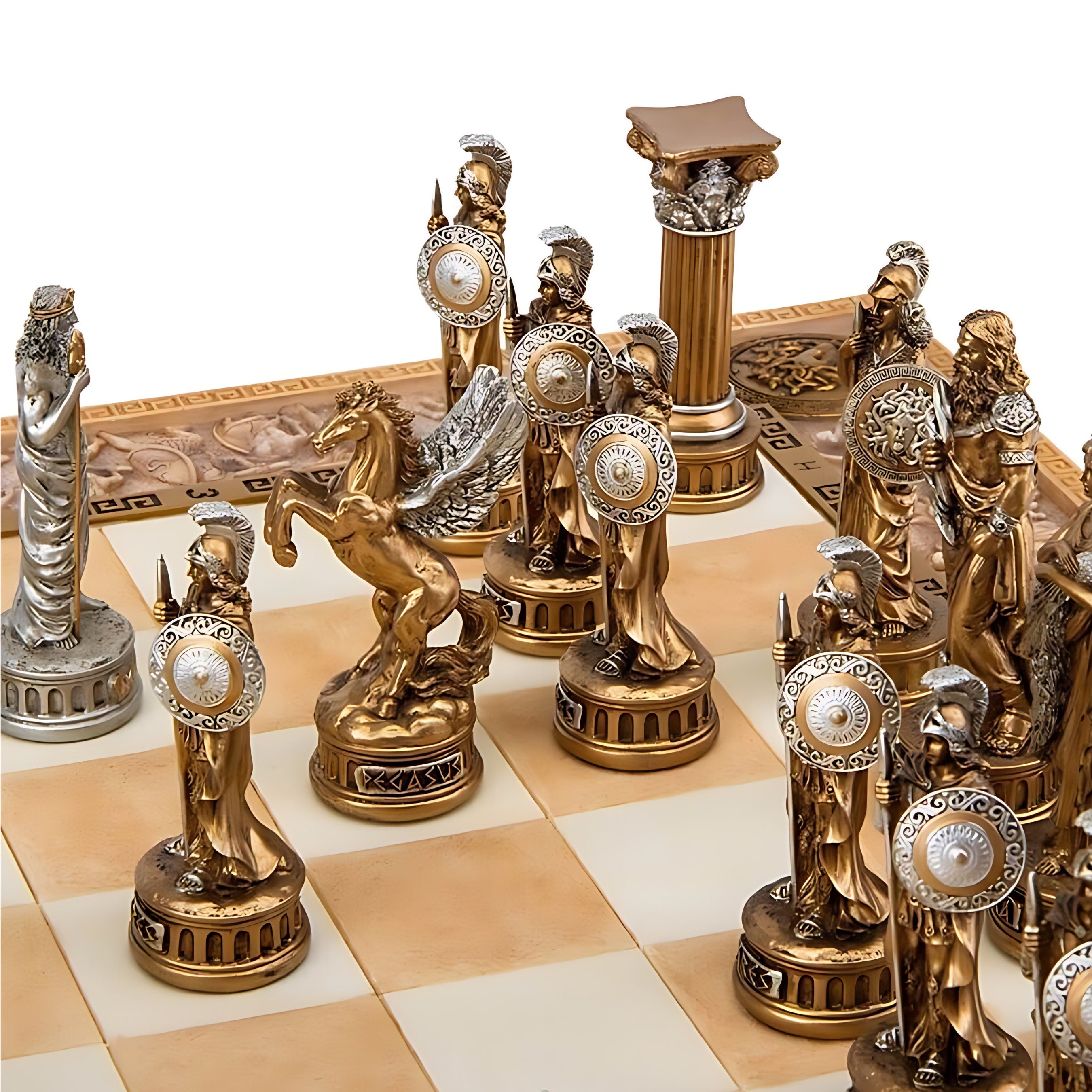 Grand Dominion Chess Set: Greek vs Roman Pantheon Chessmen, 3'' God Pieces, 17.5'' Board